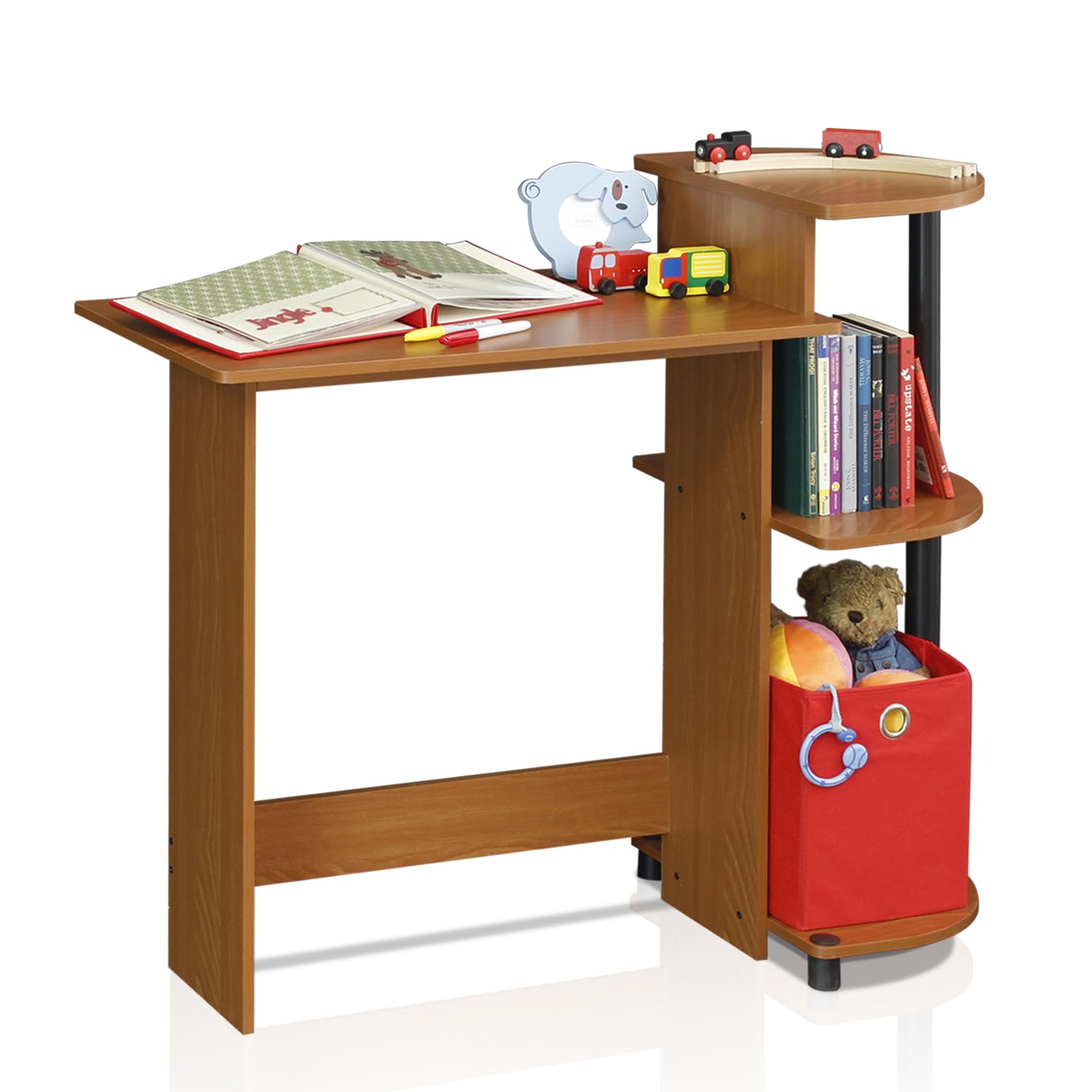 Furinno Compact Computer Desk with Shelves, Round Side, Light Cherry/Black