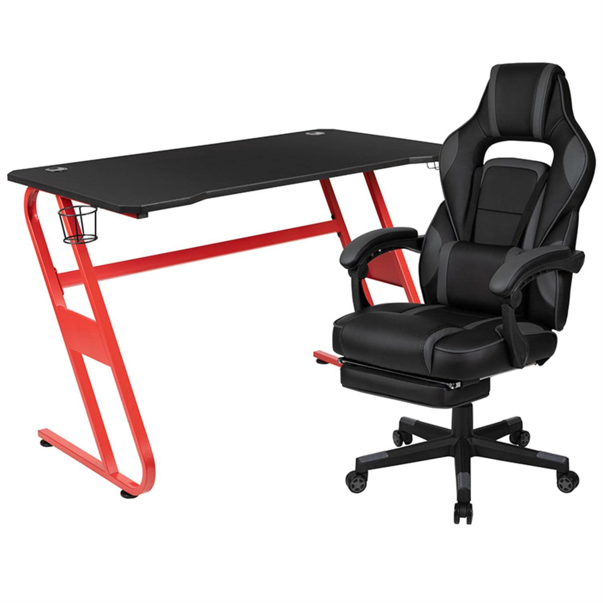 Flash Furniture Red Gaming Desk With Cup Holder/Headphone Hook & Black Reclining Back/Arms Gaming Chair With Footrest