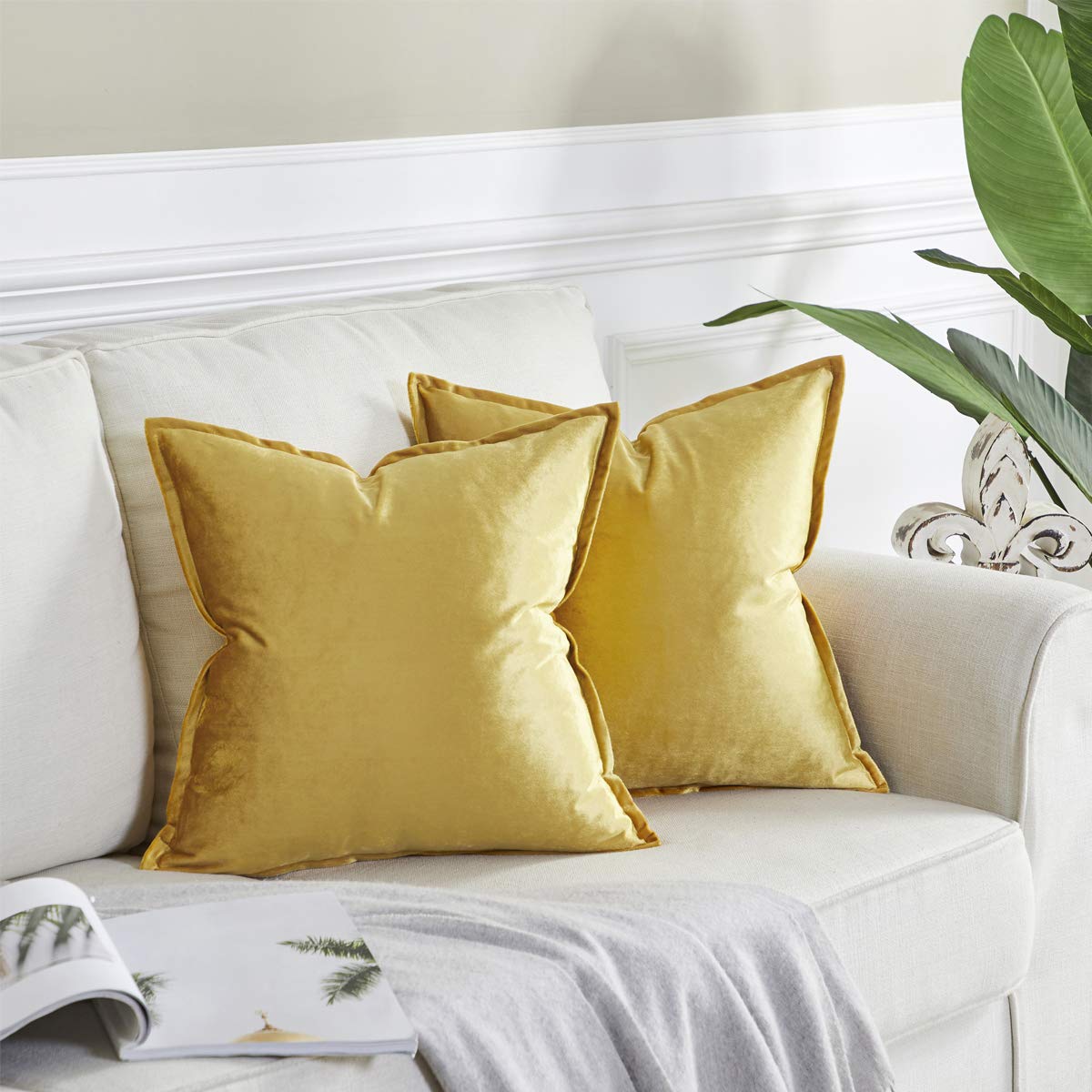 Gigizaza Yellow Velvet Decorative Throw Pillow Covers 18X18 Square Couch Sofa Pillow Covers Pack Of 2
