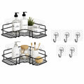 Set Of 2 Black Bathroom Corner Shelves With 5 Wall Hooks | Nodrill Selfadhesive Wall Mounted Storage Rack | Rust Resistant | 8