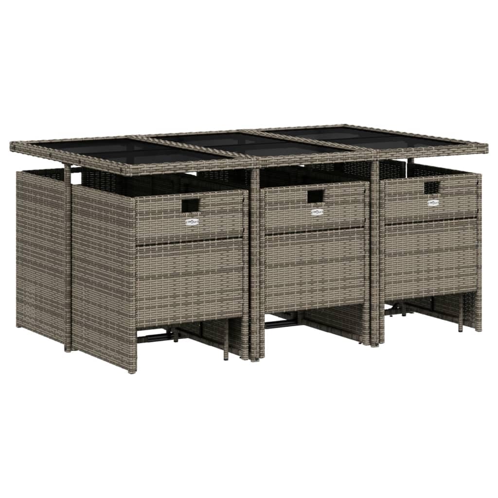 vidaXL Patio Dining Set with Cushions - 11 Piece Gray Poly Rattan Outdoor Garden Table and Chairs Furniture, Compact Storage, Tempered Glass Top