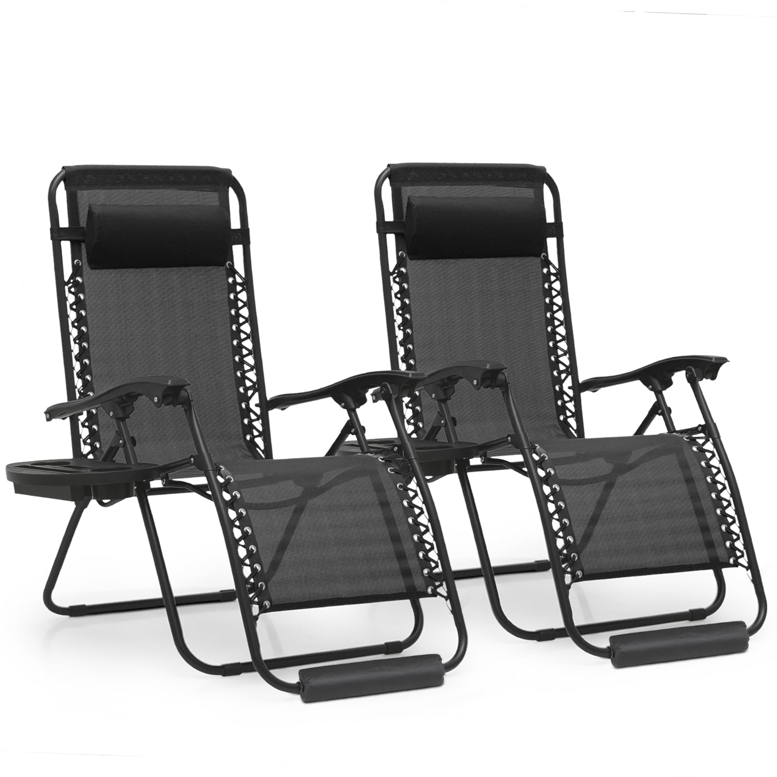 Monibloom 27-Inch Zero Gravity Chairs Set Of 2, Patio Anti Gravity Recliners, Foldable Outdoor Lounger With Cup Holder Tray, Headrest And Footrest For Beach Camping, Black