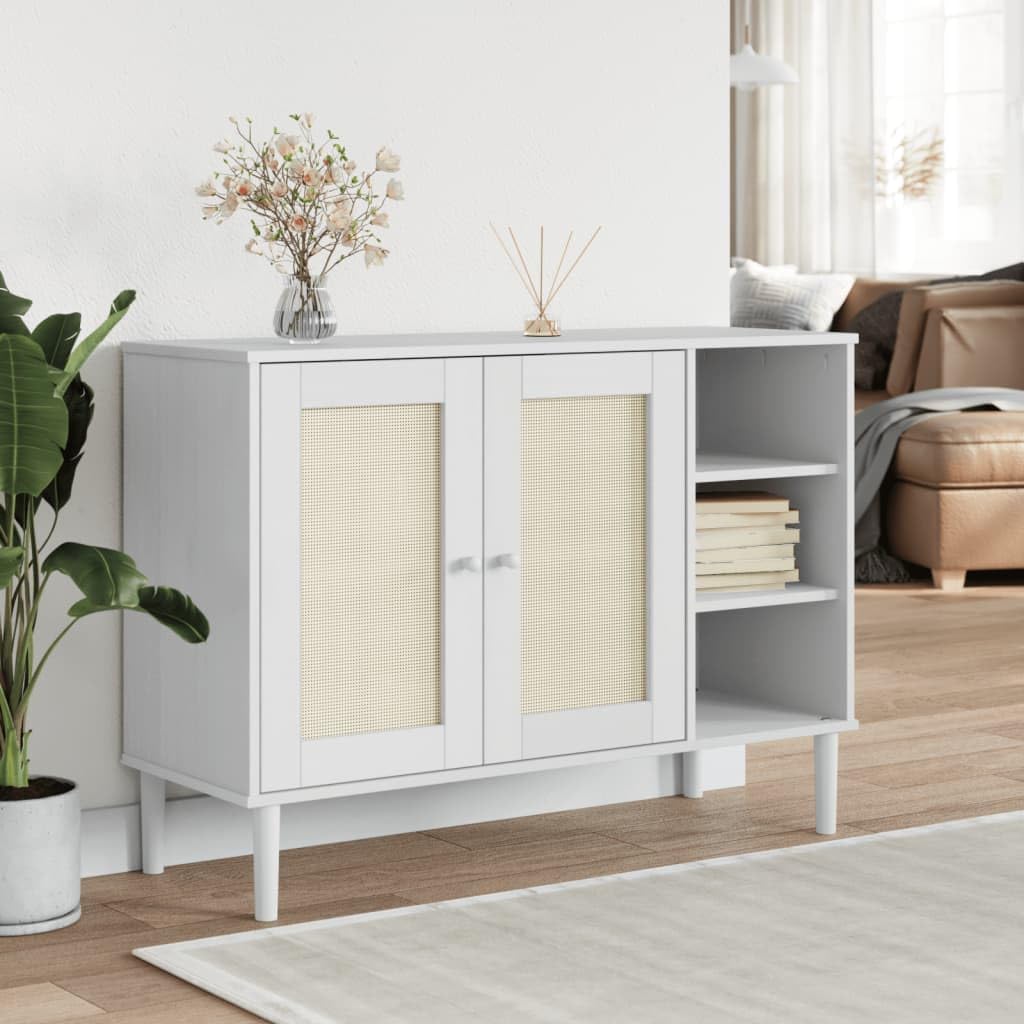 vidaXL Sideboard SENJA in White - Solid Pine Wood Construction with UV Varnish, Rattan Look Doors - Storage Cabinet with Compartments