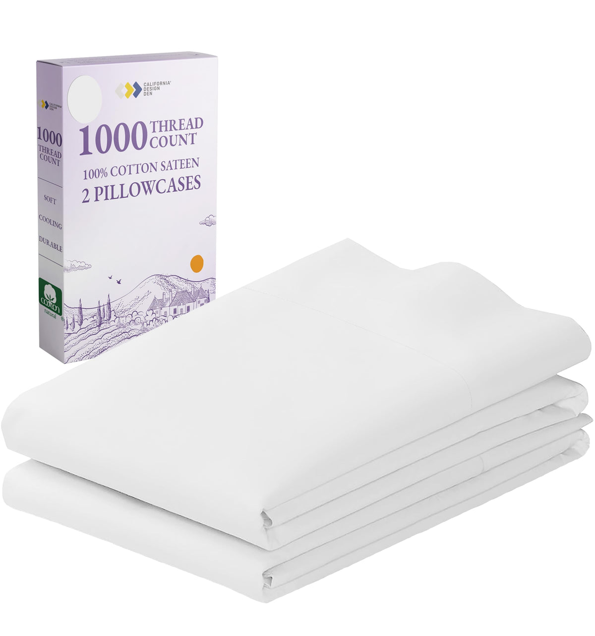 California Design Den 1000 Thread Count, Soft & Smooth, 100% Cotton Sateen Weave, Hotel-Quality, Set Of 2 Classic Style Bright W