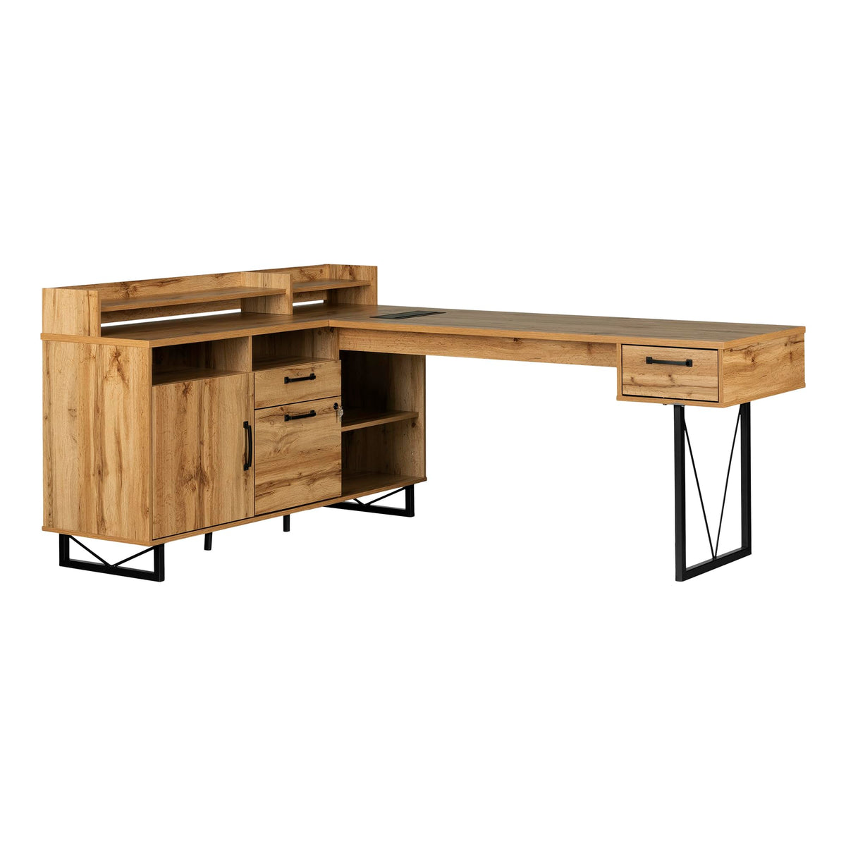 South Shore Finneas L-Shaped Desk With Power Bar And Removable Hutch, Nordik Oak