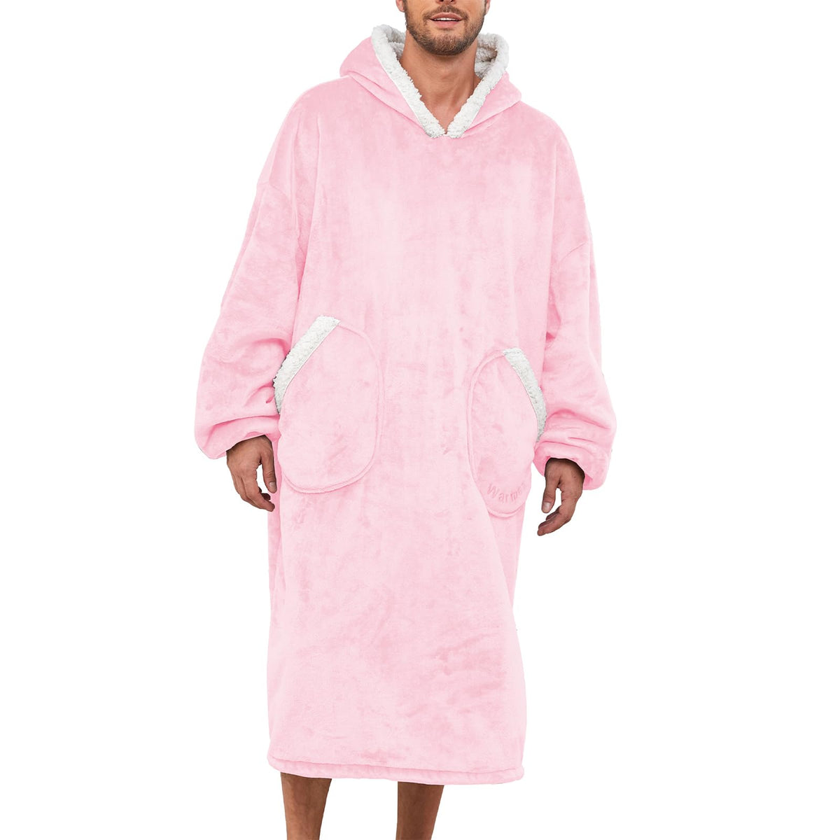 Wearable Blanket With Plush Pockets, Oversized Sherpa Thick Warm Hoodie Blanket Big Sweatshirt, Gifts For Women Men Pink Extra L