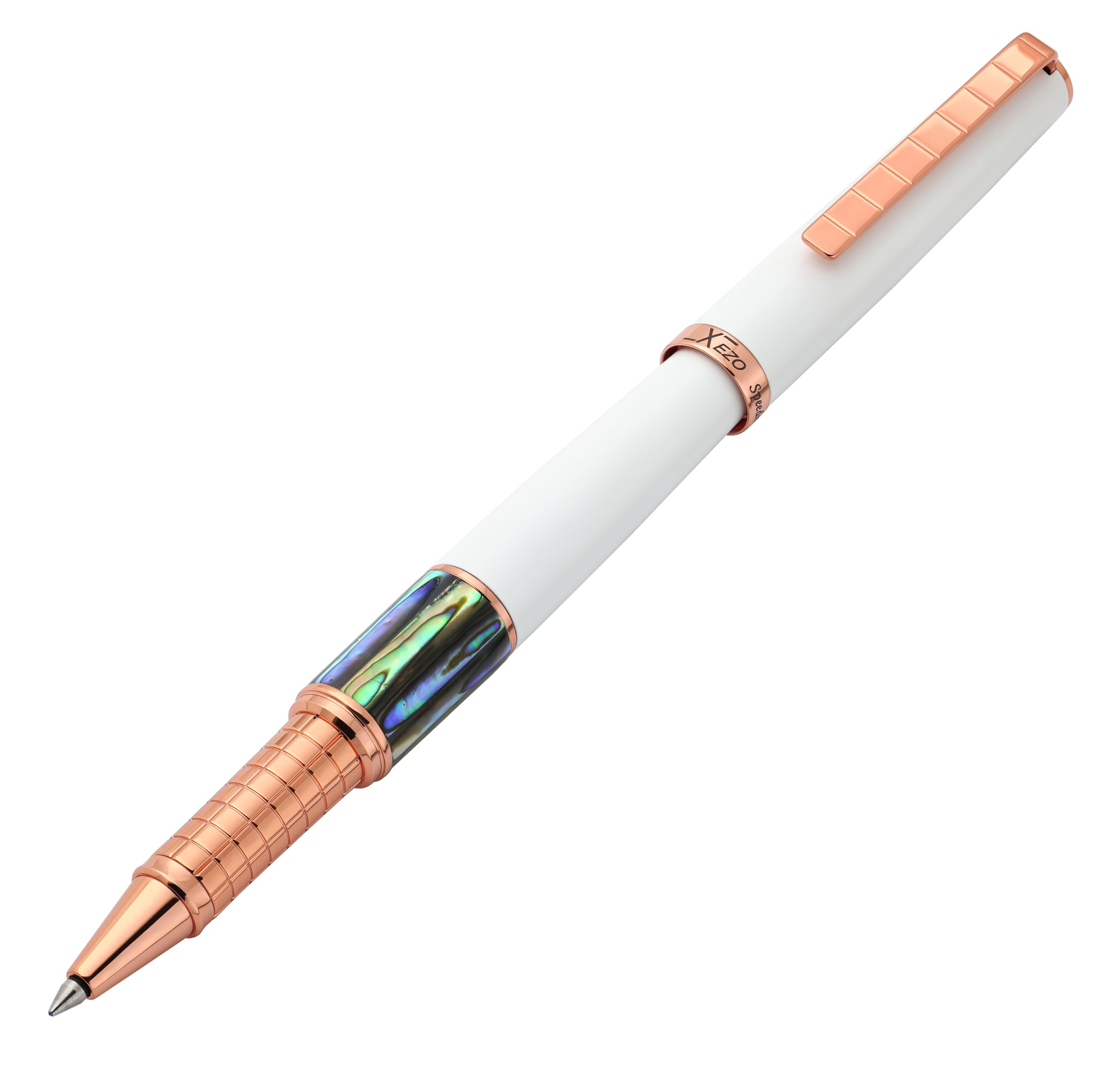 Xezo Speed Master Fine Rollerball Pen. Matte White With Paua Abalone Sea Shell. Rose Gold Plated. Lightweight Brass Body. No Two
