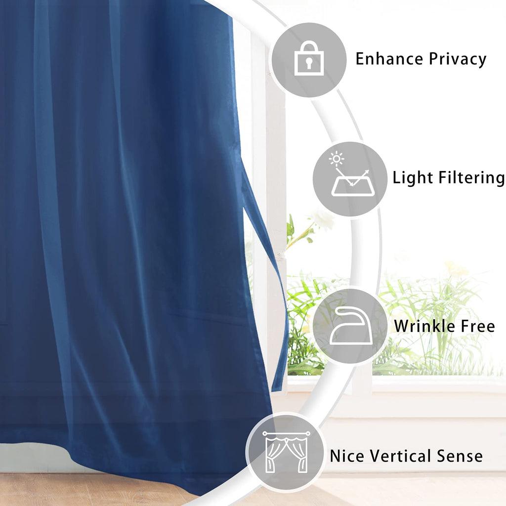 Hiasan Sheer Curtains 90 Inches Long With Tiebacks, Light Filtering Semi Transparent Lightweight Voile Grommet Window Curtains For Bedroom, Living Room, Navy Blue, W42 X L90, Set Of 2 Drape Panels