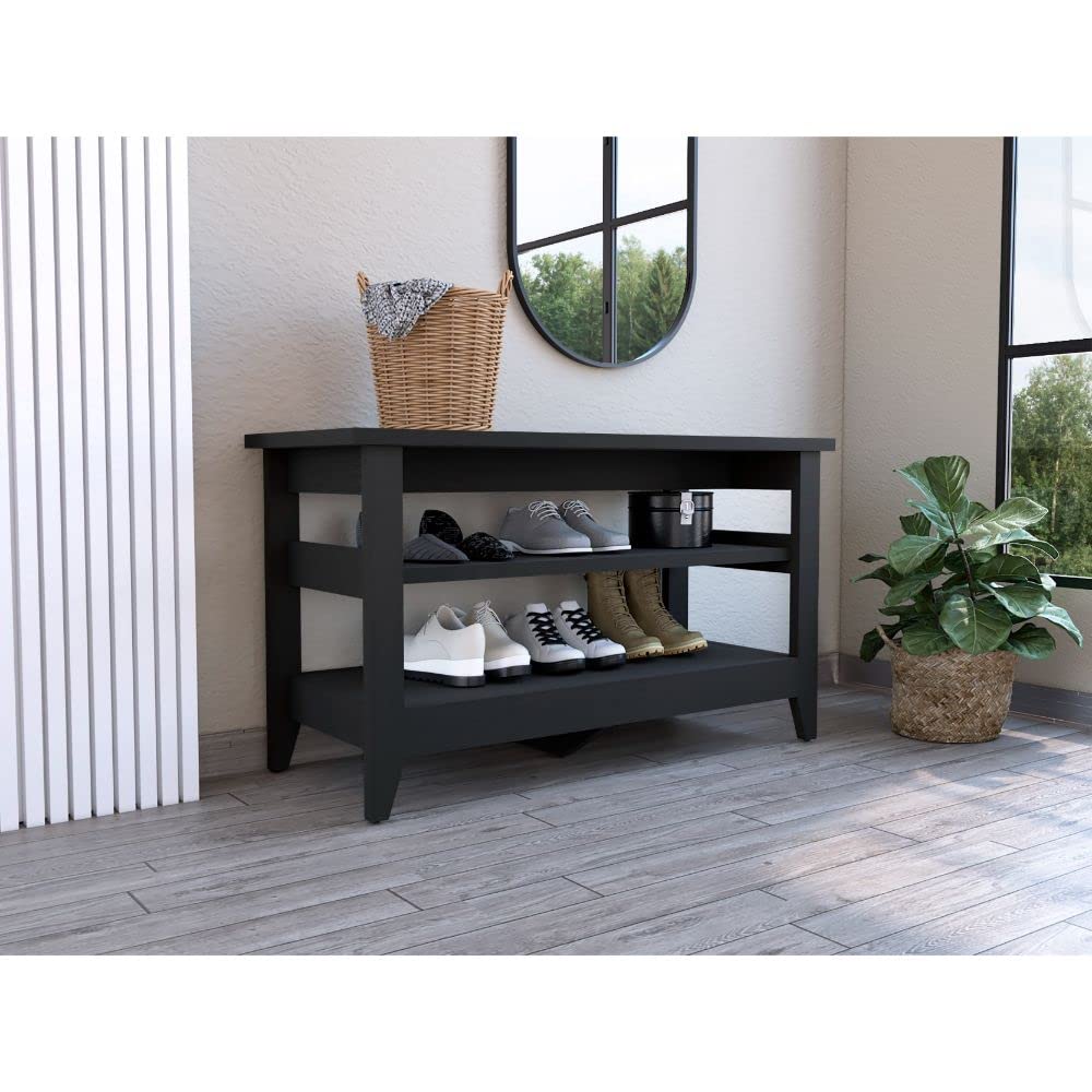 Mason Storage Bench With 4 Legs And 2 Open Shelves, Black