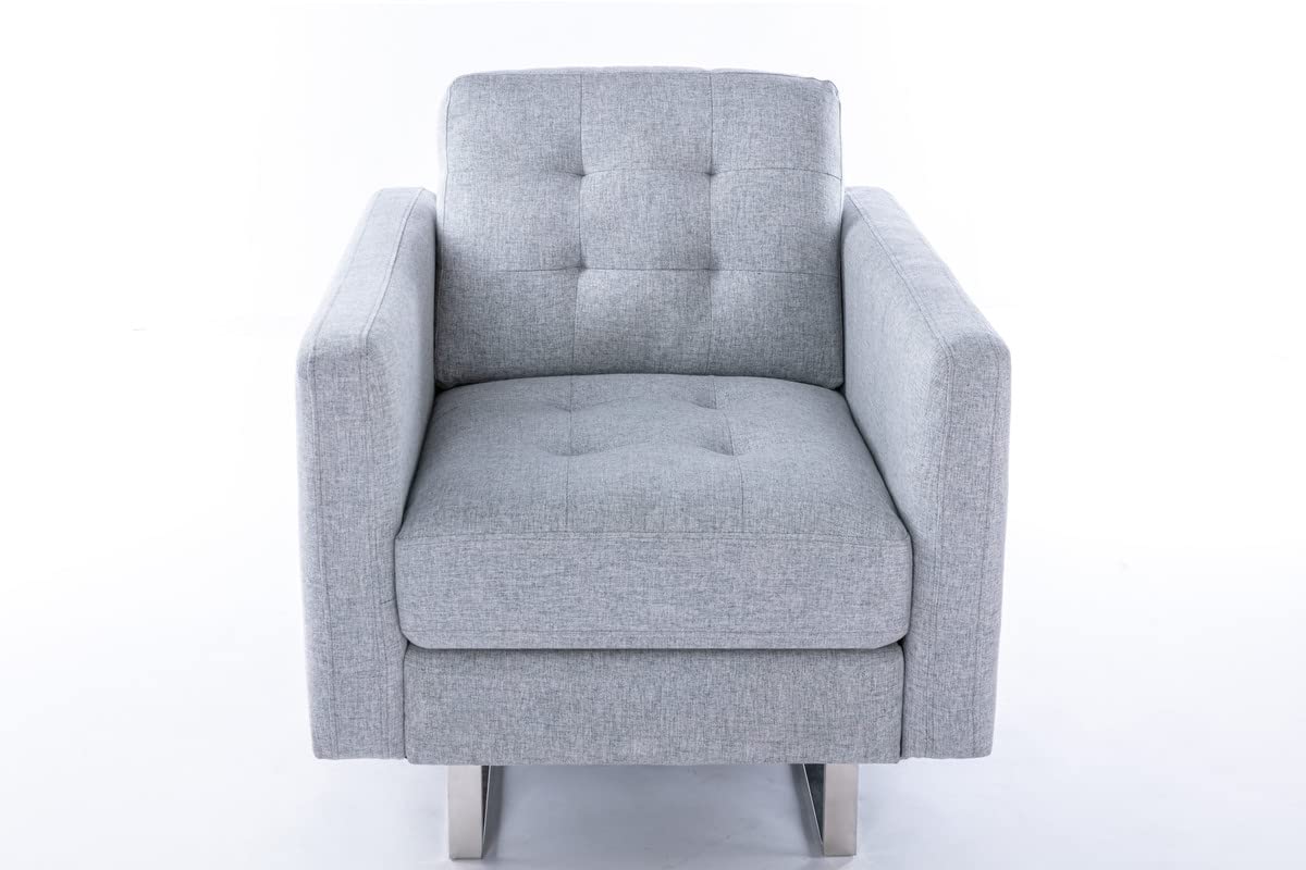 Lilola Home Victoria Light Gray Linen Fabric Armchair with Metal Legs, Side Pockets, and Pillow