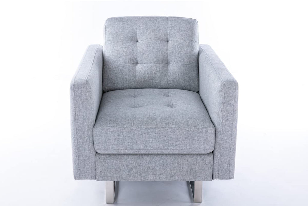 Lilola Home Victoria Light Gray Linen Fabric Armchair with Metal Legs, Side Pockets, and Pillow