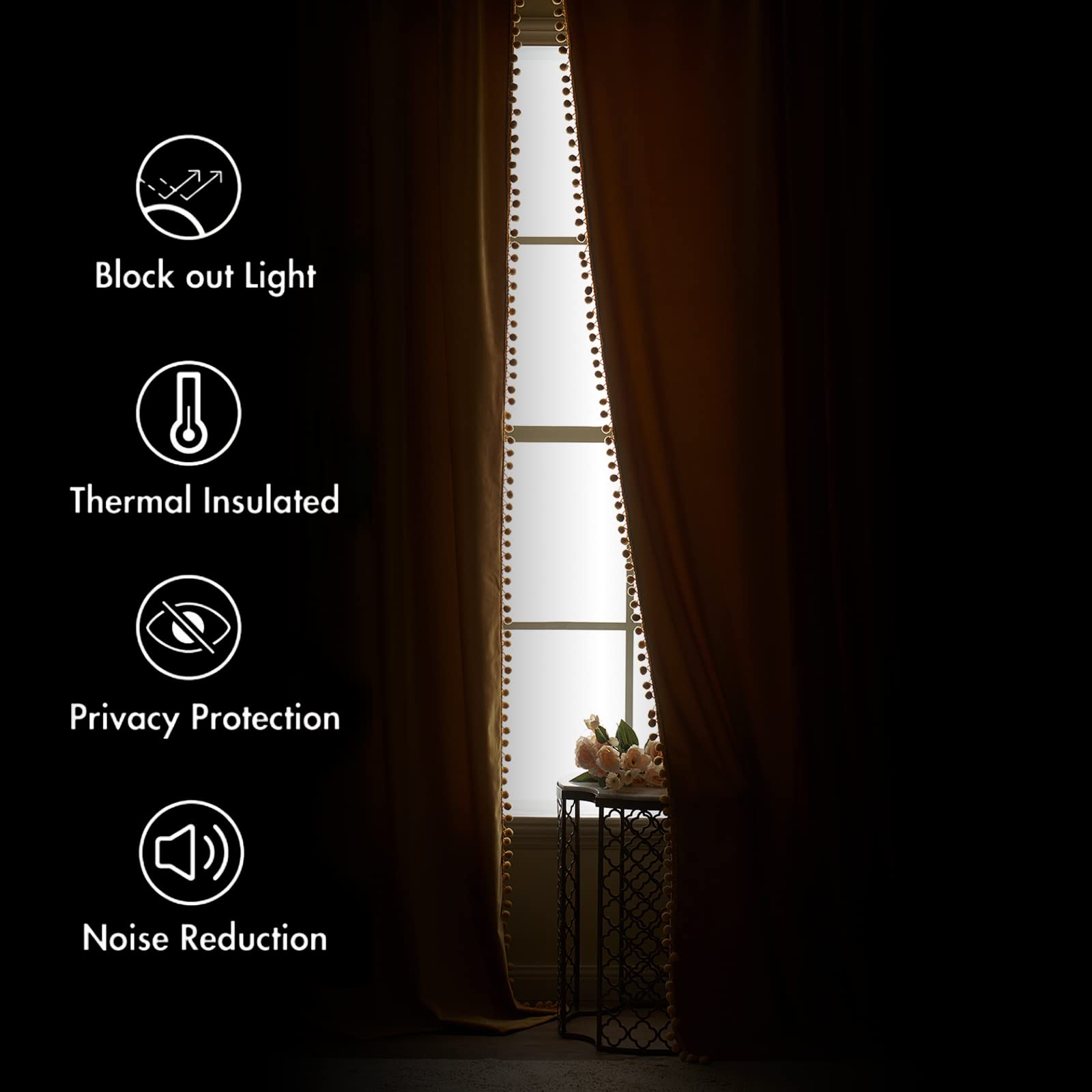 Miulee Mustard Yellow Pom Pom Velvet Curtains For Bedroom/Living Room Darkening Fall Thermal Insulating 63 Inches Long Blackout