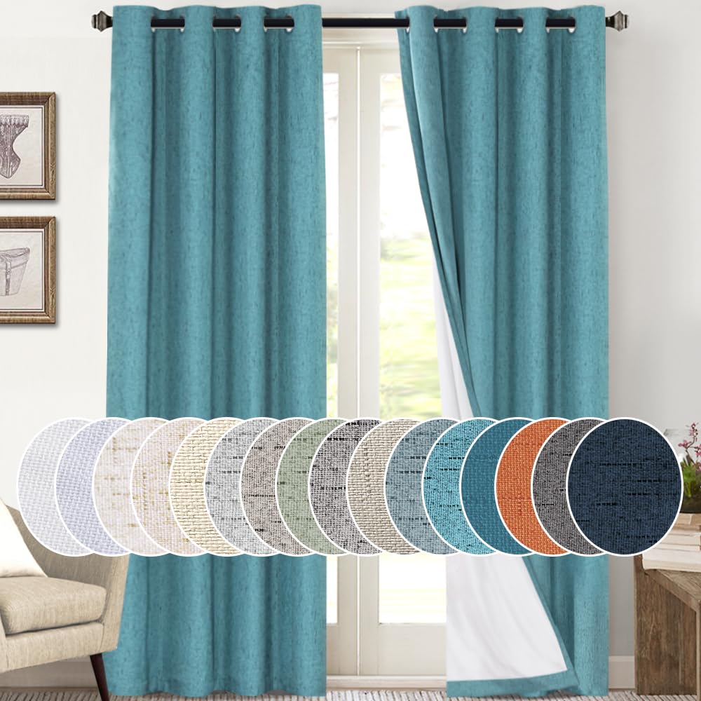 Princedeco 100% Blackout Curtains 108 Inches Long Thermal Insulated Textured Blackout Curtains 2 Panels Set Grommet Room Darkening Textured Curtains For Bedroom Living Room(52X108 Inch,Teal Blue)