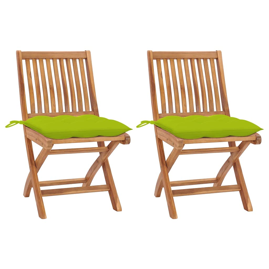 vidaXL Set of 2 Patio Chairs with Bright Green Cushions - Foldable Solid Teak Wood Outdoor Seating - Perfect for Homes, Offices, Bars, Cafes