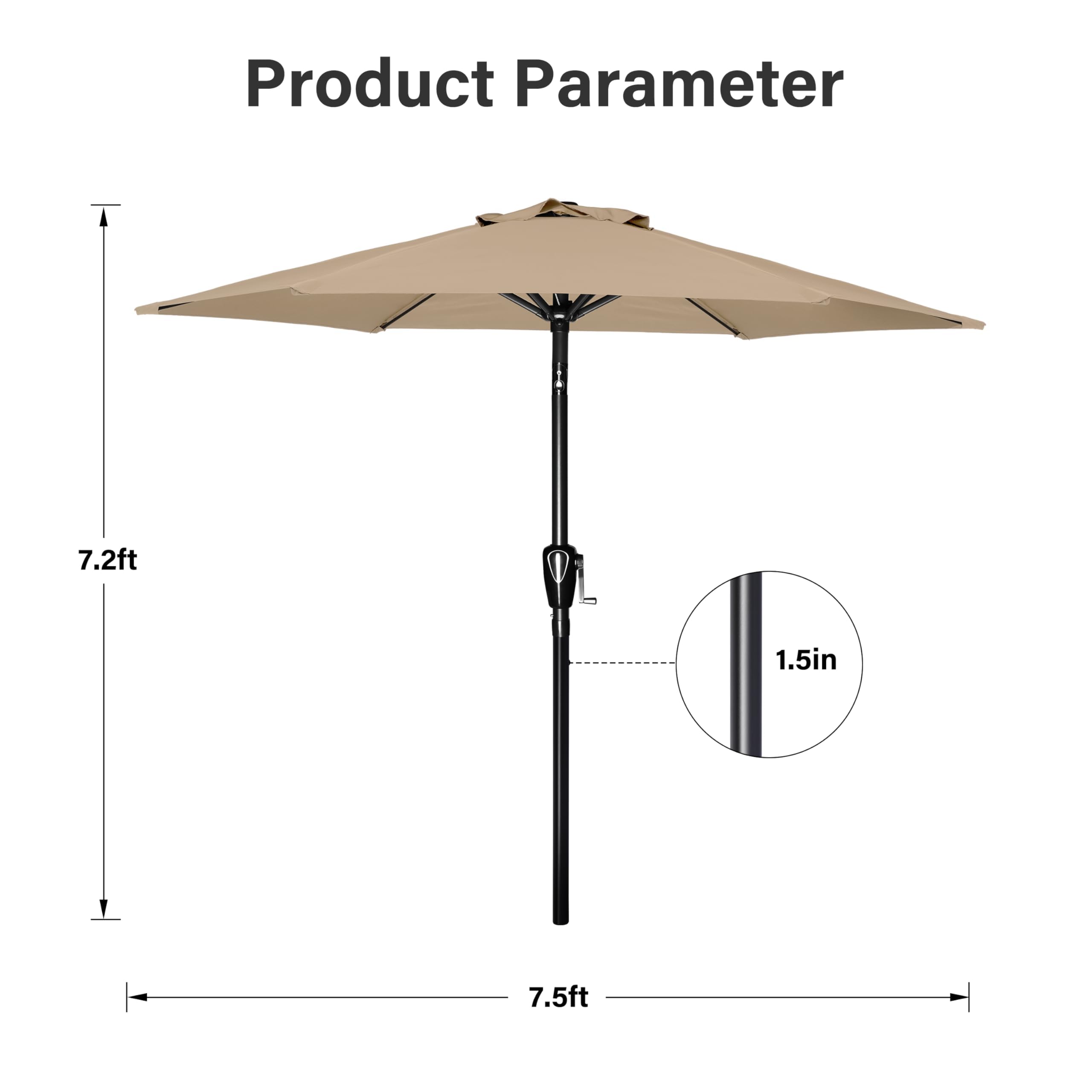 Simple Deluxe 7.5' Patio Umbrella Outdoor Table Market Yard Umbrella With 6 Sturdy Ribs For Backyard, Pool, Garden, Deck, Tan