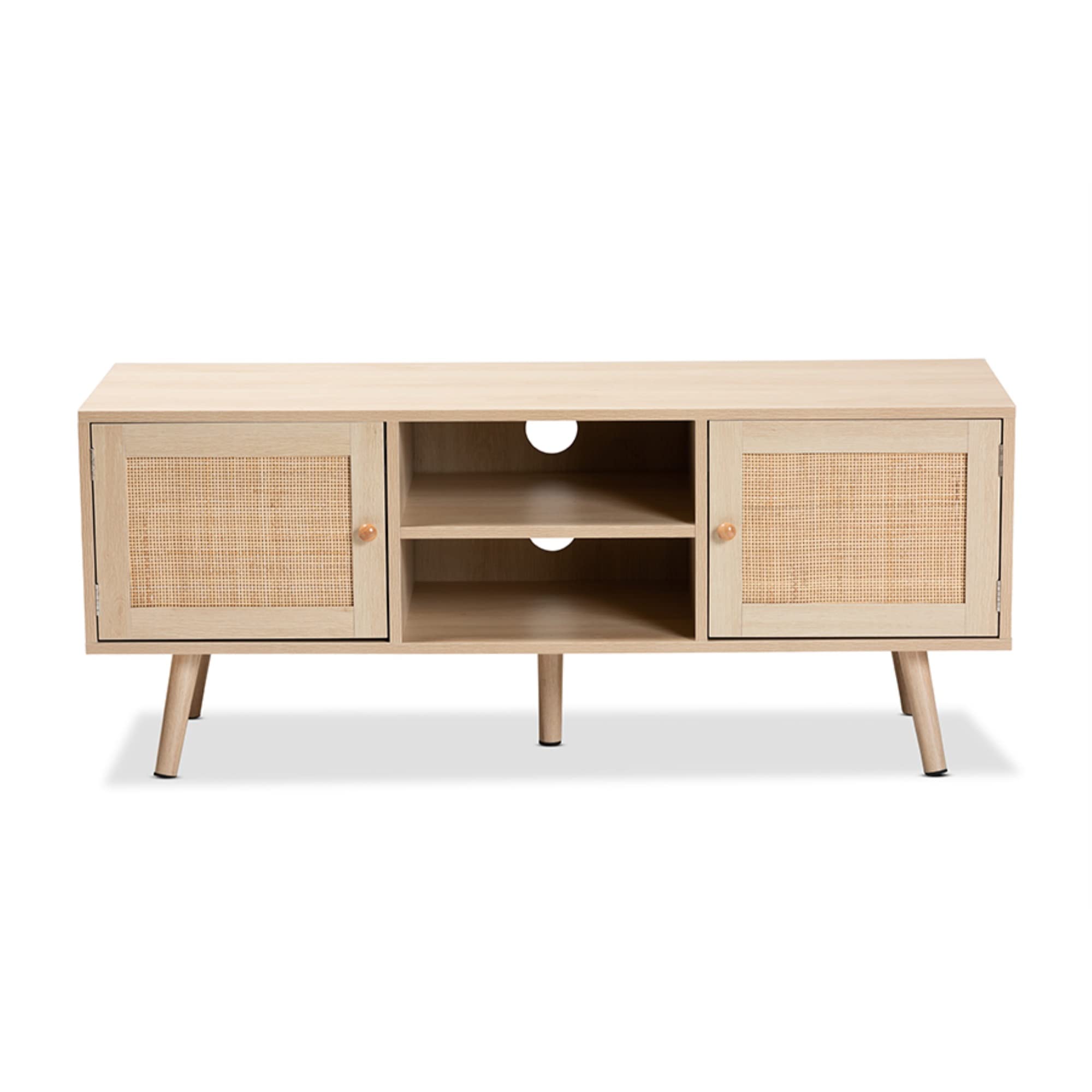 Baxton Studio Sebille Light Brown Wood 2-Door TV Stand with Natural Rattan