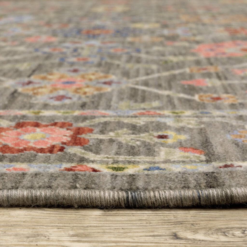 HomeRoots 509281 10 x 13 ft. Gray Salmon Pink Gold Blue Rust Deep Blue Ivory & Green Oriental Power Loom Stain Resistant Rectangle Area Rug with Fringe