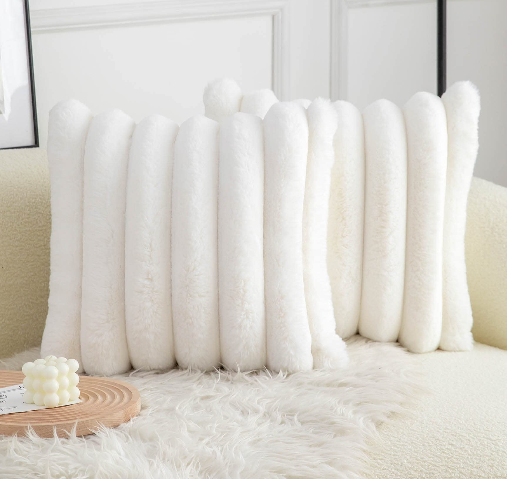 Neelvin Cream White Faux Fur Cozy Soft Striped Decorative Throw Pillow Covers 16X16 Inch Set Of 2,Velvet Pillowcase Cushion Case