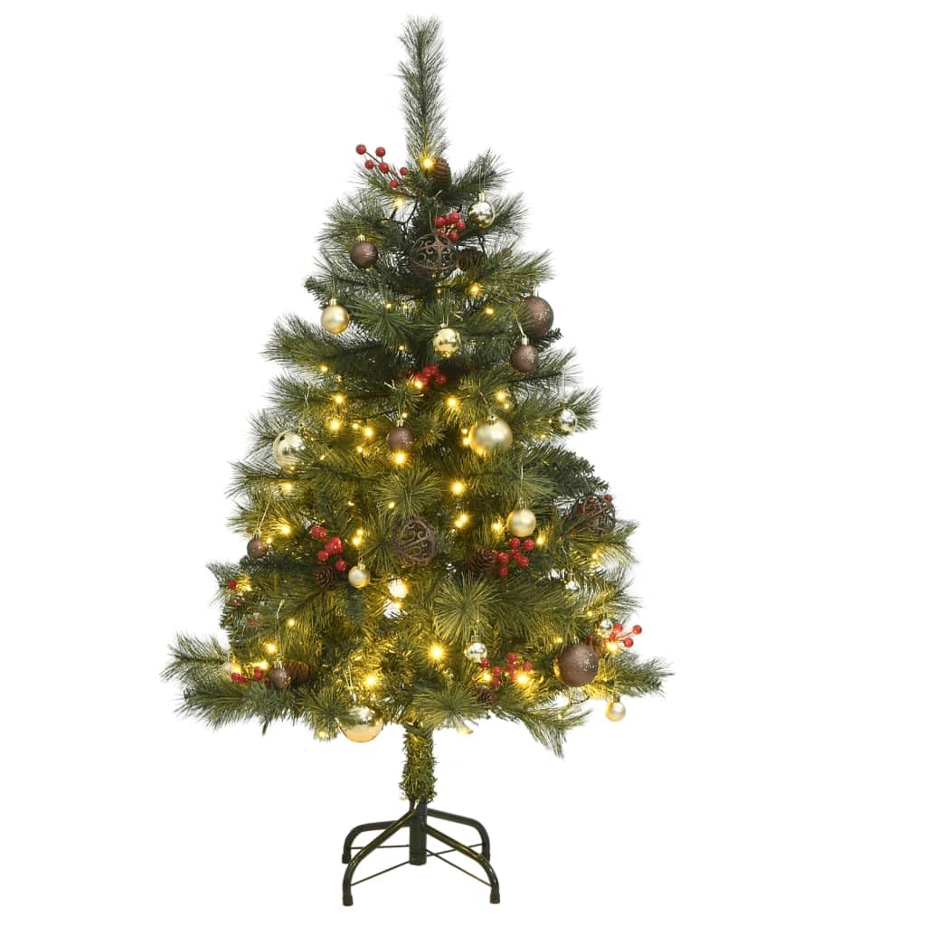 vidaXL 59.1&quot;&quot; Green PVC Artificial Hinged Christmas Tree with LED Lights - Pine Cones, Berries, Sturdy Metal Stand, 8 Lighting Modes, 35.4&quot;&quot; Diameter, 3210182