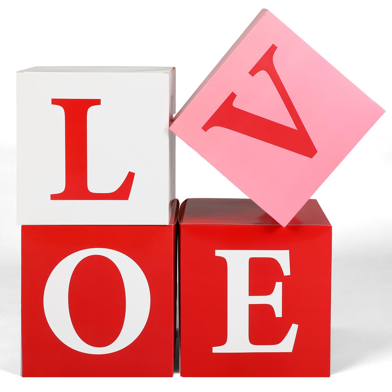 Gueevin 4 Pack Valentines Day Decor Paper Boxes 11.8 Inch Love Red Hot Pink Boxes with Letter Love Heart for Galentines Best Fri