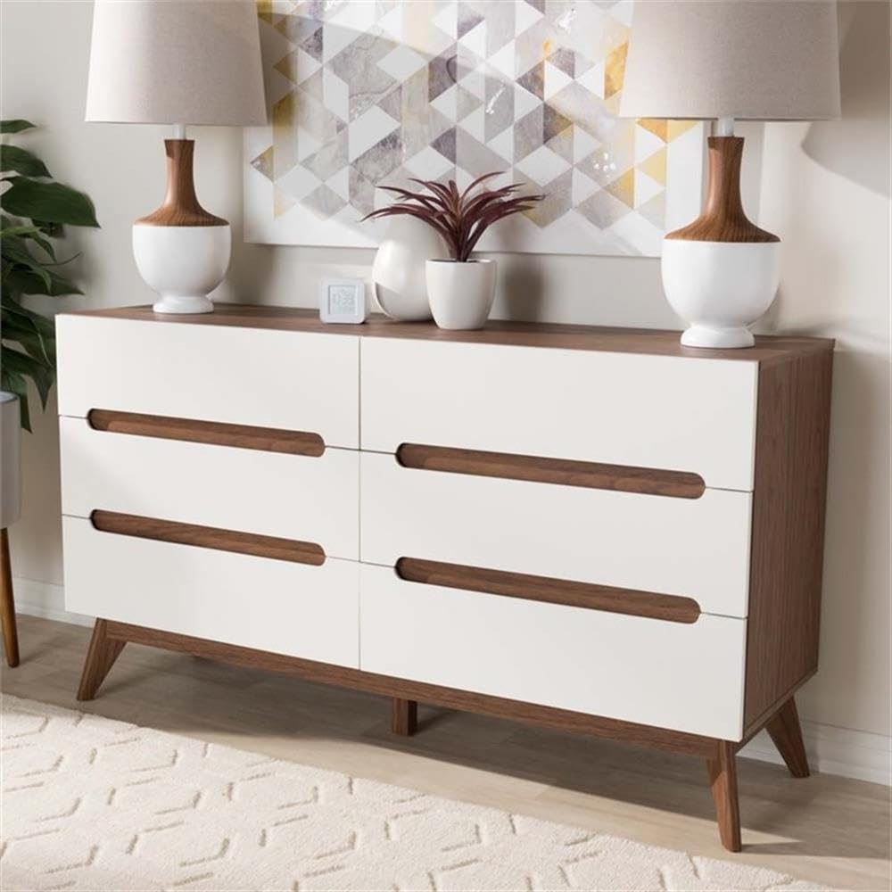 Baxton Studio Calypso Mid-Century Modern White and Walnut Wood 6-Drawer Storage Dresser/Mid-Century/Particle Board/MDF with PU Paper/White/Walnut Brown