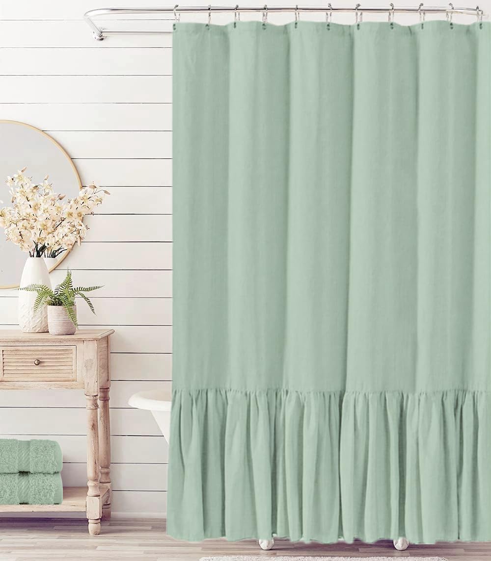 Felisa Farmhouse Shower Curtain With A Ruffle Hem, Linen Blend Shower Curtain For Bathroom,Green, 72'X72'