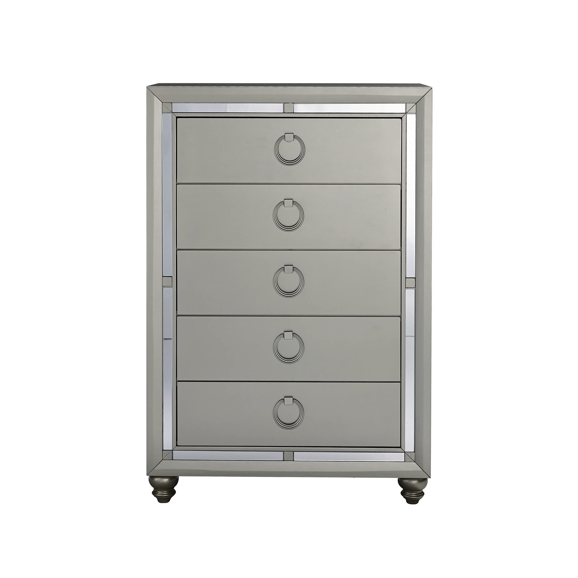 HomeRoots Wood Silver Champagne Tone Chest with Mirror Trim Accent 5 Drawers
