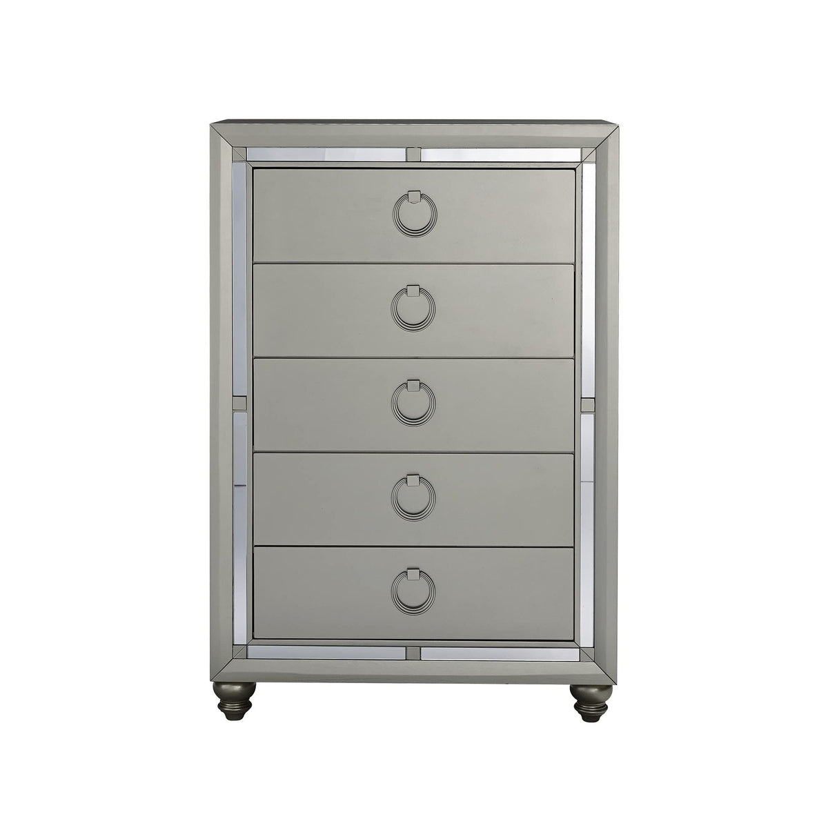 HomeRoots Wood Silver Champagne Tone Chest with Mirror Trim Accent 5 Drawers