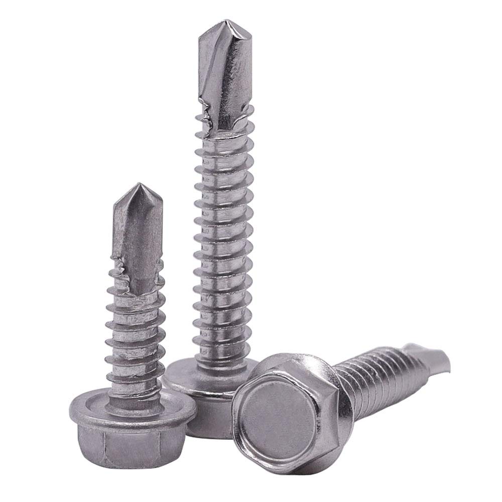 8 X 12 (14 To 3 Available) Hex Washer Head Self Drilling Screws, Self Tapping Sheet Metal Tek Screws, 410 Stainless Steel, 100 P