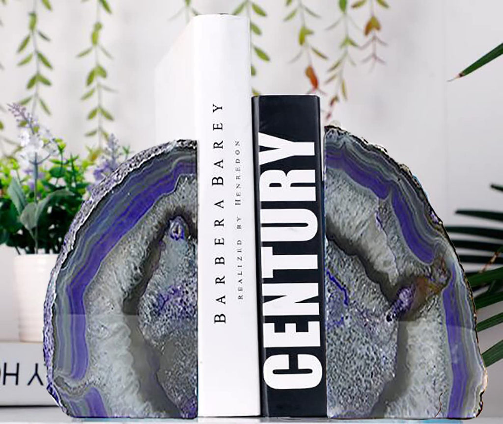 JIC Gem Book Ends for Shelves Dyed Purple Agate Bookends Natural Geode Brazilian Rock Stone Book Ends Decorative with Rubber Bum