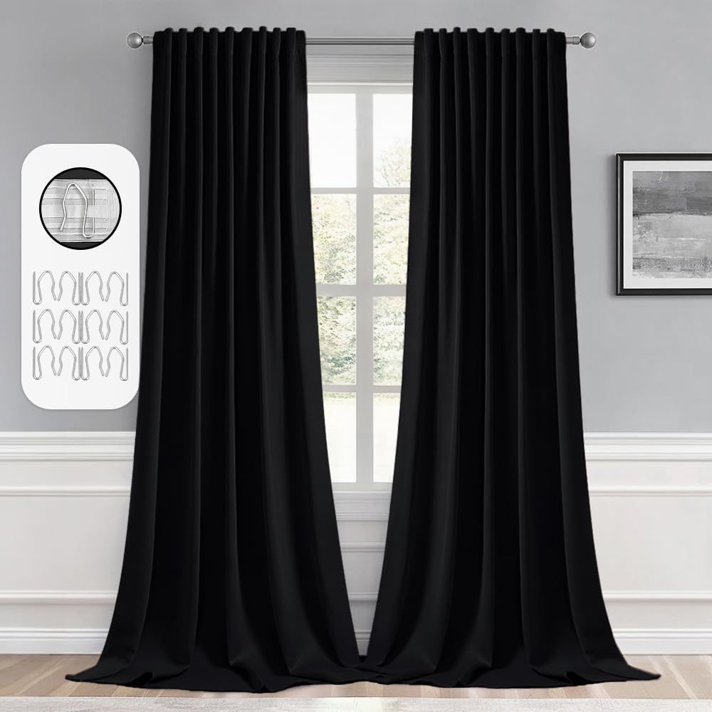 Miulee Back Tab Blackout Curtains 92 Inch Long 2 Panels Set For Living Room Bedroom, Black Rod Pocket/Pinch Pleated Thermal Insulated Room Darkening Light Blocking Floor To Ceiling Curtains/Drapes