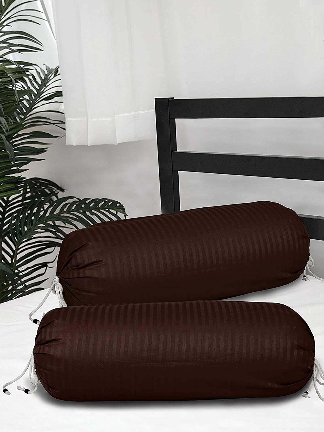 Rj Products Cotton Bolster Cover Set Of 2 Piece Satin Stripes (Brown)