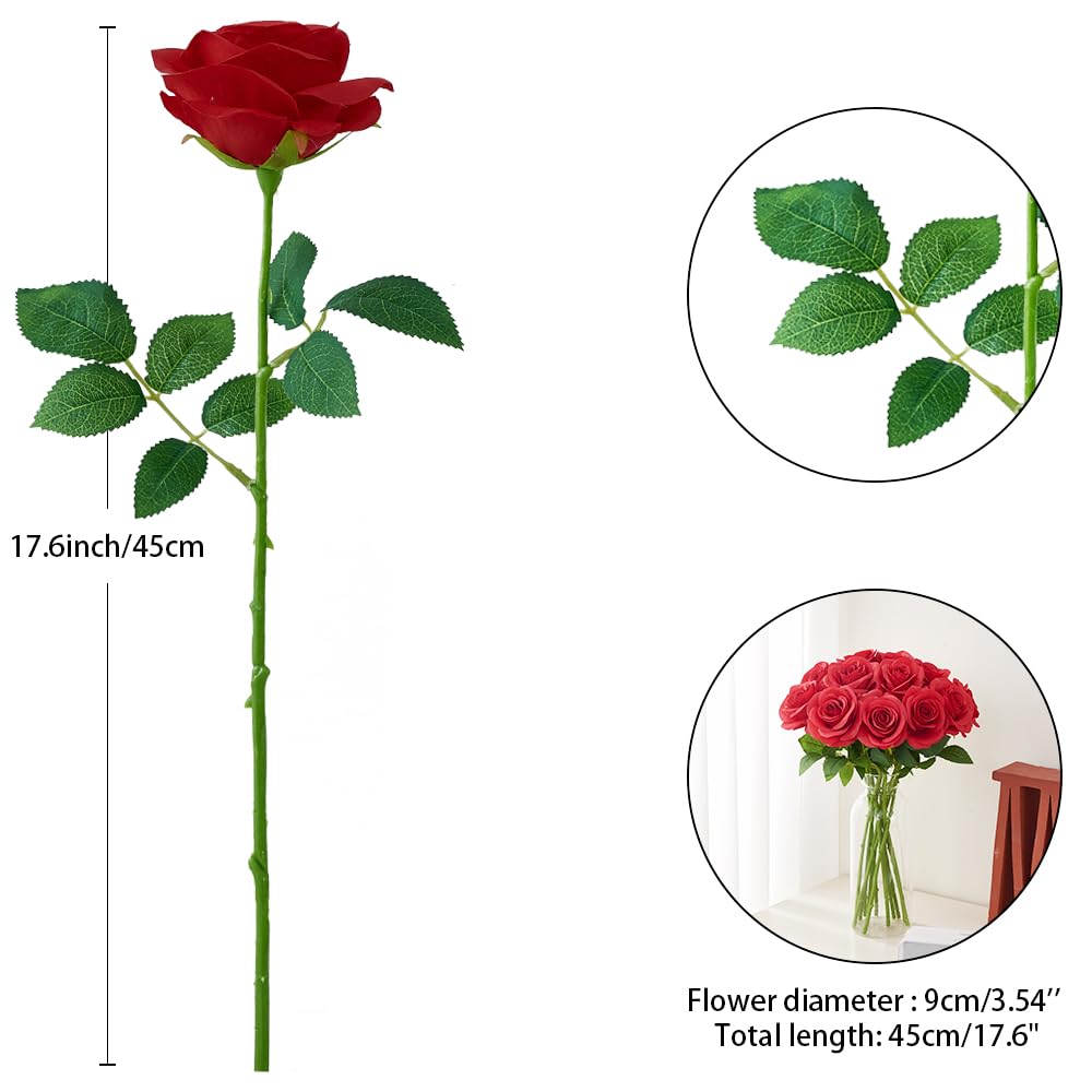 Helera 12Pcs Roses Artificial Flowers Fake Roses Red Silk Roses Flowers Rose With Long Stems For Wedding Home Party Centerpieces