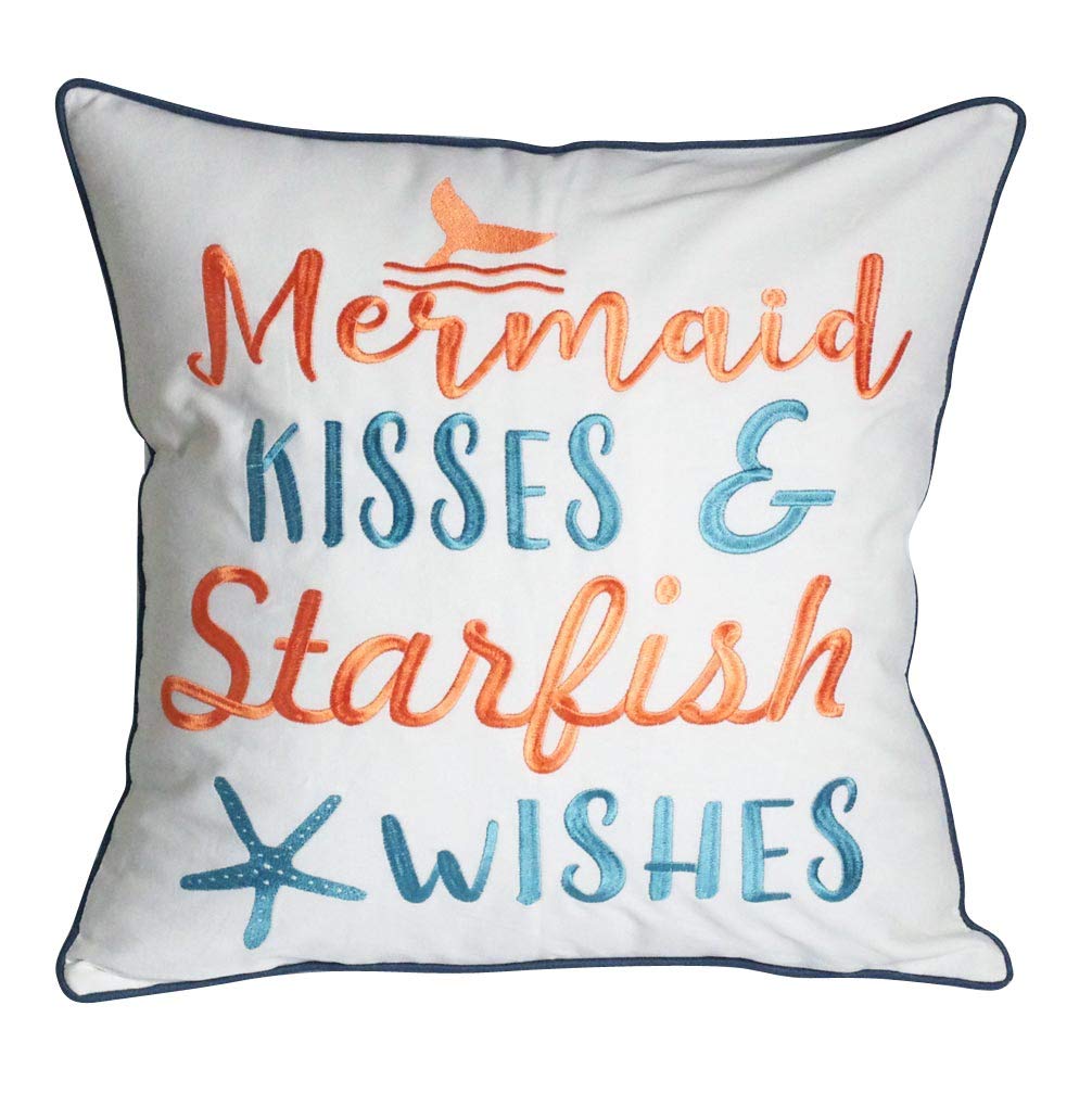 Decopow Embroidered Mermaid Kisses & Starfish Wishes Throw Pillow Cover,Square 18 Inches Decorative Canvas Pillow Cover With Mer