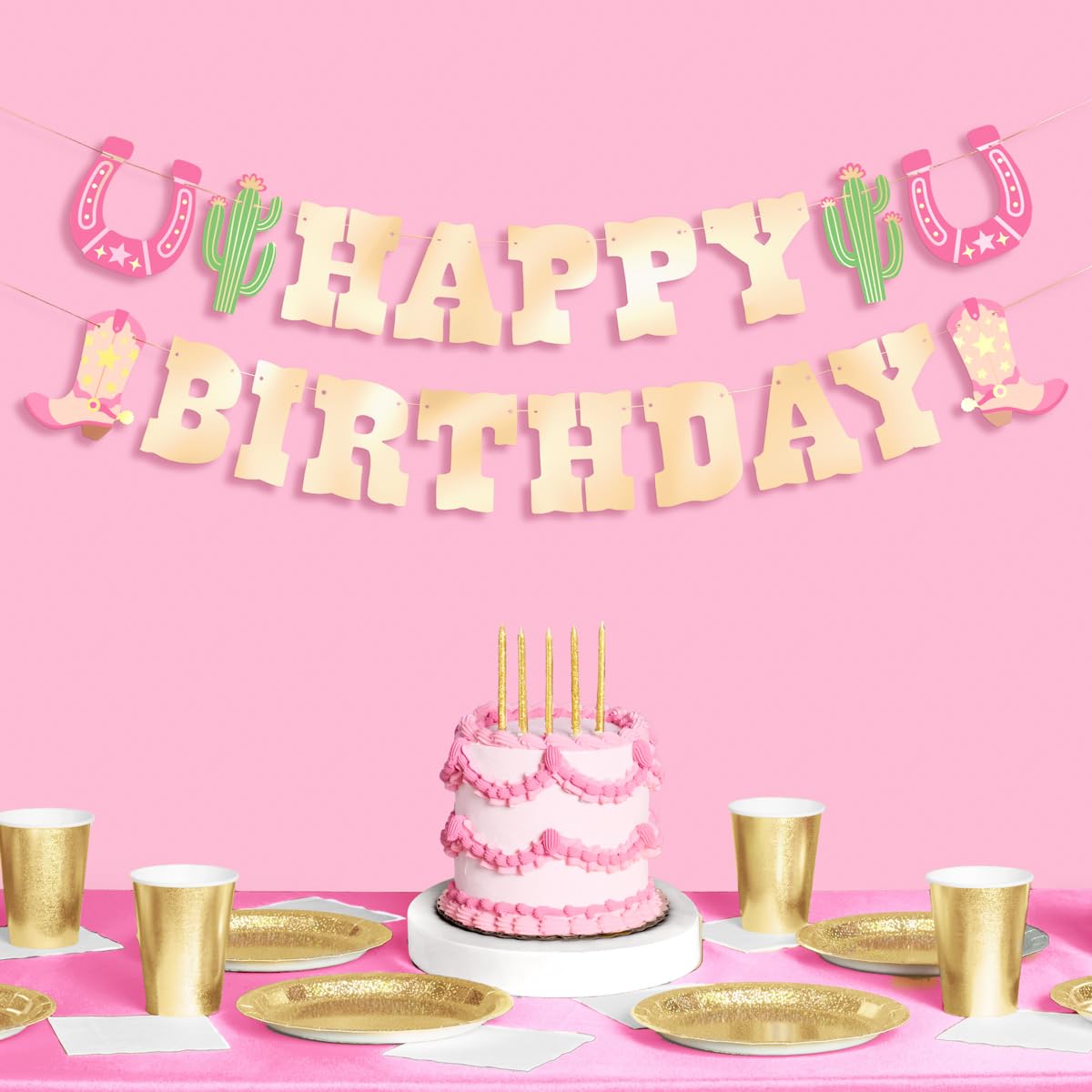 xo, Fetti Western Happy Birthday Banner, Gold Foil  4.5 Ft. | Cowgirl HBD Decorations, Wild West Garland, Yeehaw Rodeo Supplies