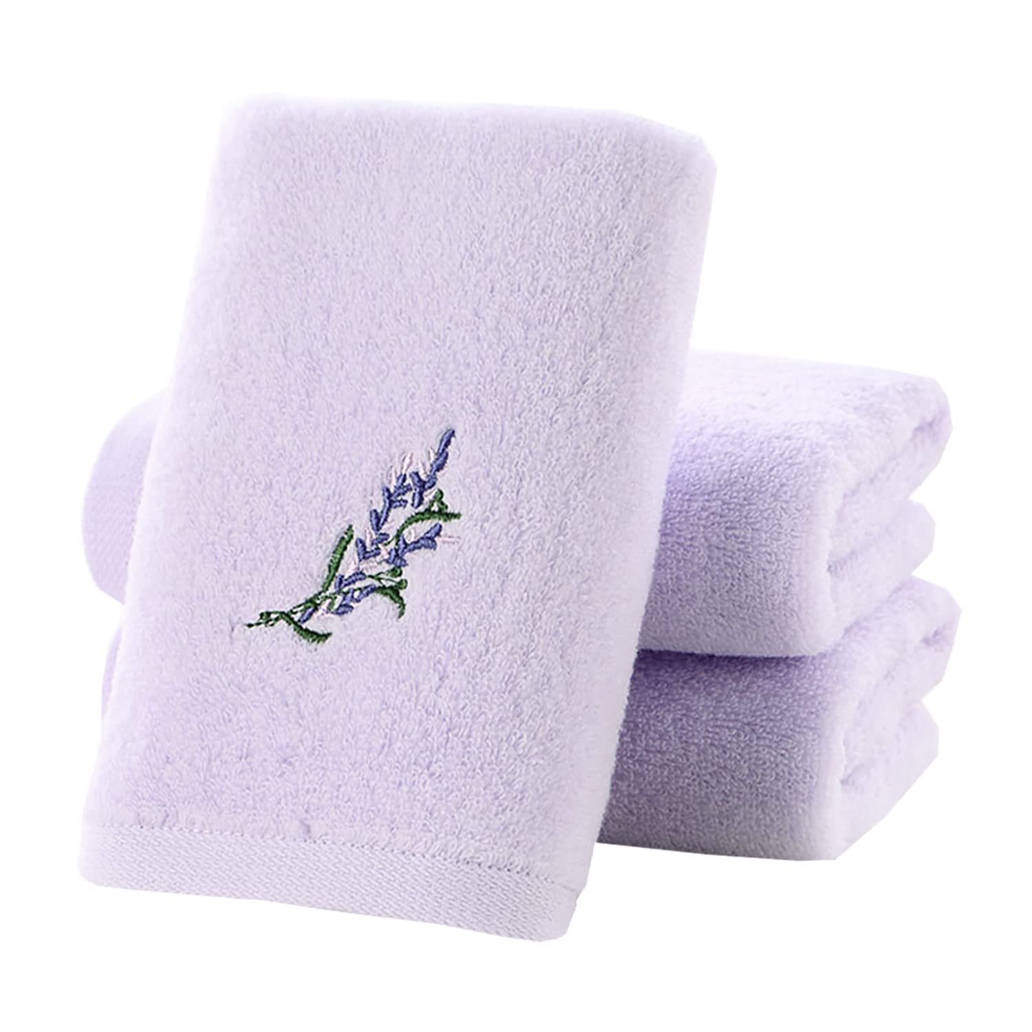Pidada Hand Towel Set of 3 Embroidered Lavender Floral Pattern 100% Cotton Soft Absorbent Decorative Towel for Bathroom (Light P