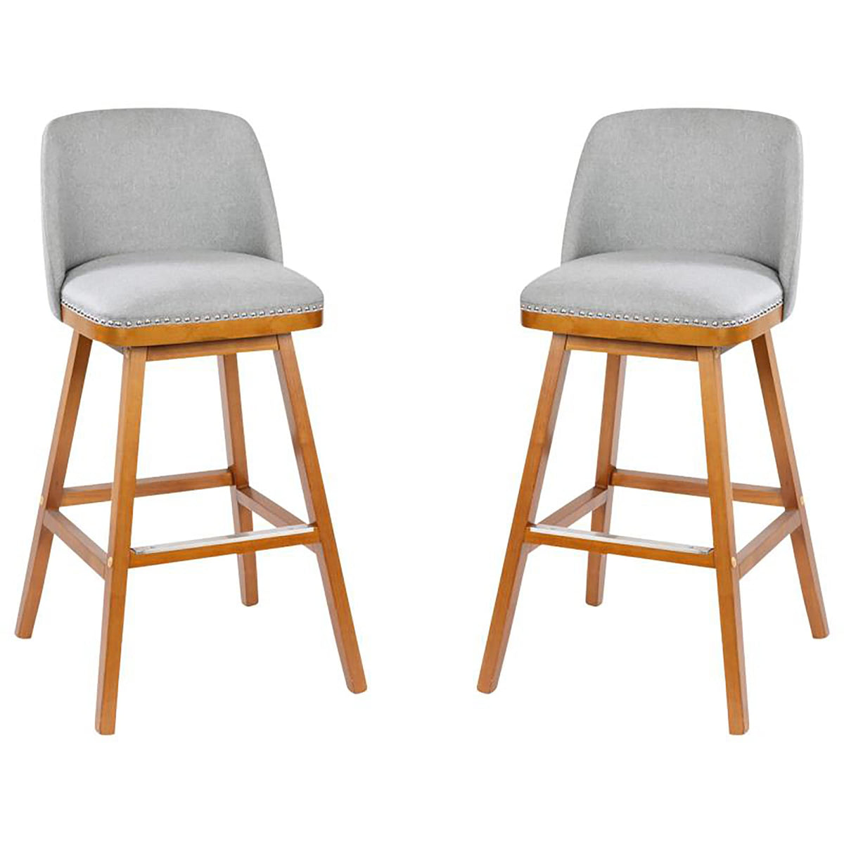 Flash Furniture Julia Set of 2 Transitional Bar Stools - Gray Faux Linen Upholstery - Silver Nailhead Trim - 30 Inch - Walnut Finish Wood Frames