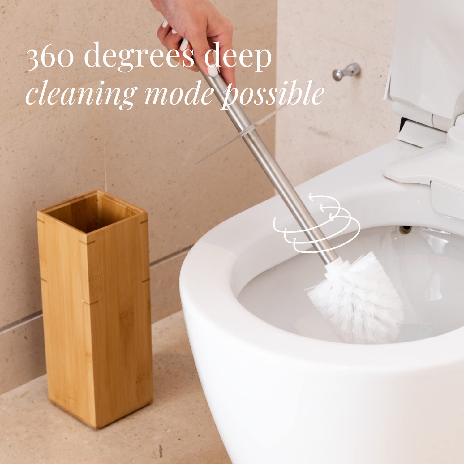 Gobam Bamboo Toilet Bowl Cleaner With Holder For All Toilet Types - Hidden Stainless Steel Toilet Brush - Bathroom Cleaning Brus