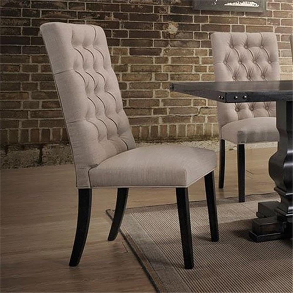 Acme Morland Linen Fabric Tufted Parson Dining Side Chair in Tan and Black
