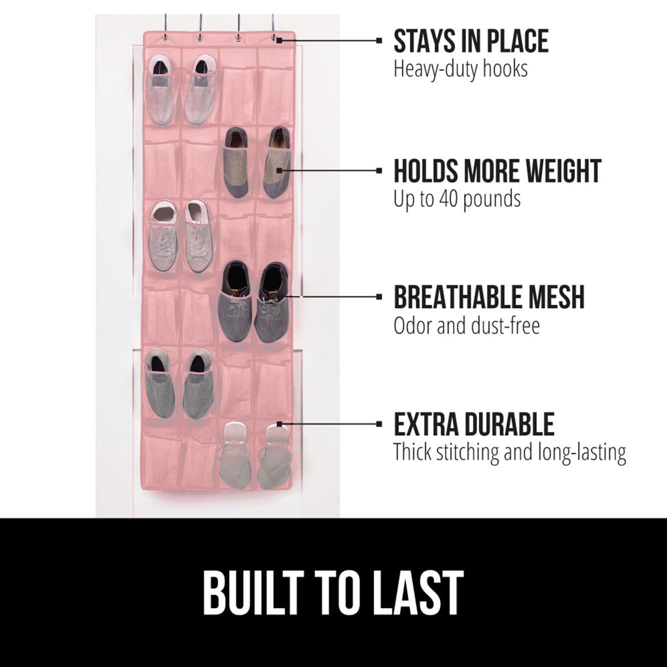Gorilla Grip Over The Door Shoe Organizer, 24 Large Breathable Mesh Pockets, Space Saving Hanging Storage Holder, Closet Rack Hanger Holds Up To 40 Lbs, Hangs On Closets For Shoes, Accessories, Pink