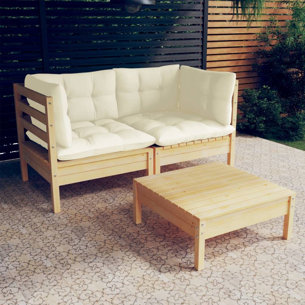 vidaXL Solid Pinewood Patio Lounge Set 3 Piece with Cream Cushions Garden Outdoor Lawn Yard Terrace Balcony Wooden Seat Seating Furniture