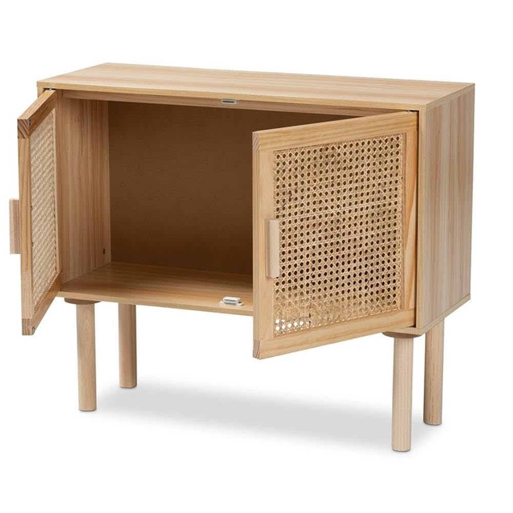 Baxton Studio Maclean Mid-Century Modern Rattan and Natural Brown Finished Wood 2-Door Sideboard Buffet