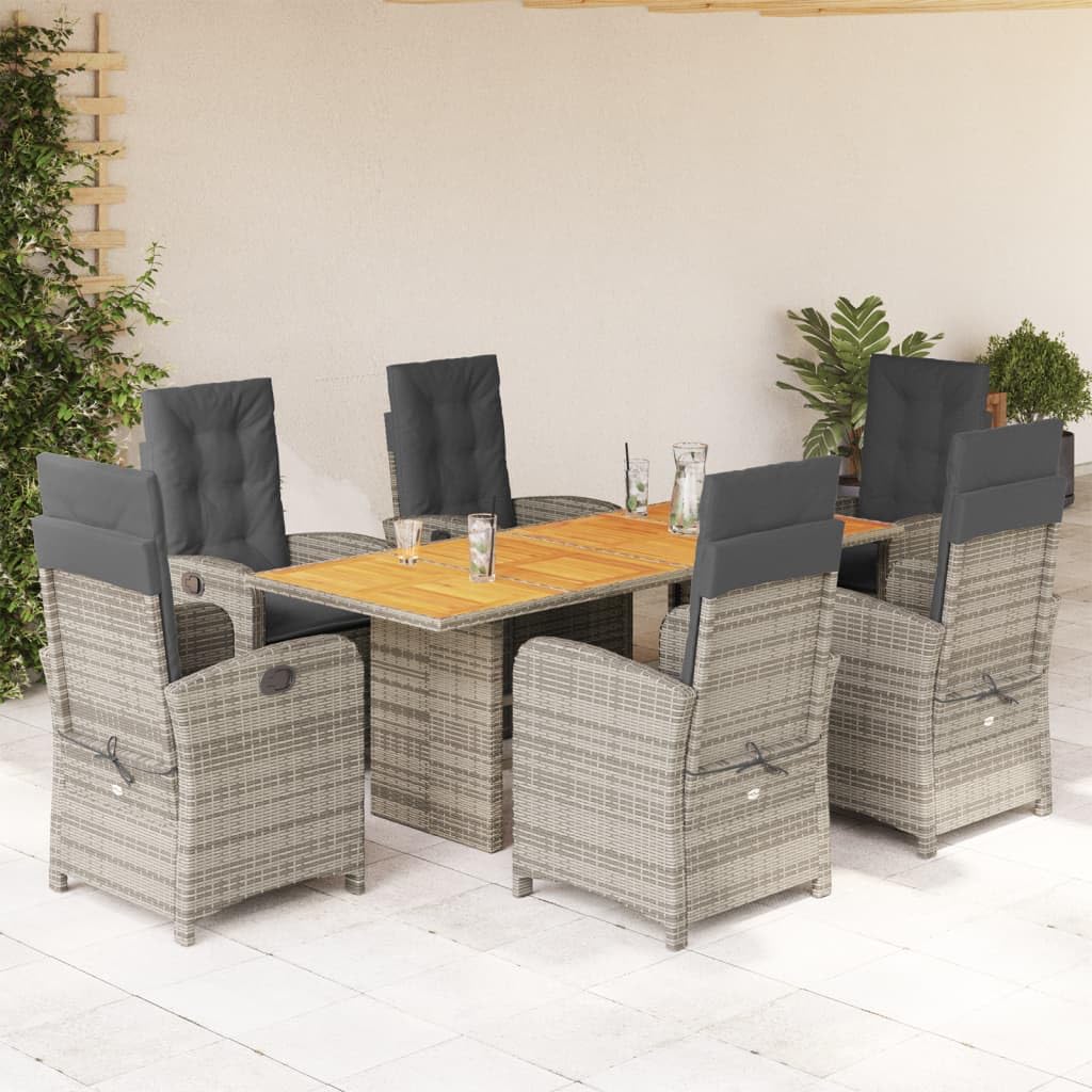 vidaXL 7 Piece Patio Dining Set - Gray PE Rattan - Includes Cushioned Reclining Chairs & Acacia Wood Table - Outdoor Garden/Backyard/Patio Furniture
