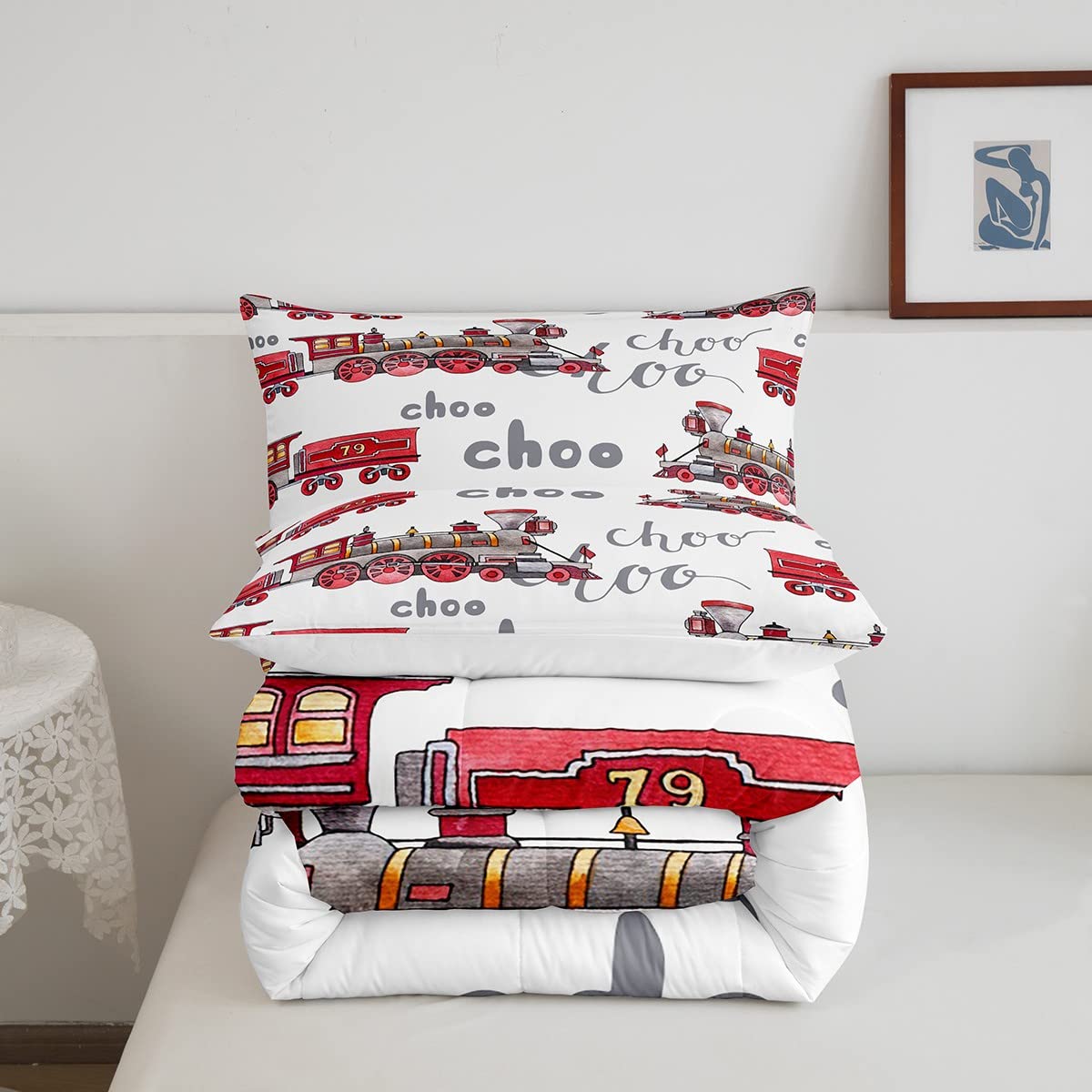 Feelyou Cartoon Car Bedding Set Kids Train Comforter Set Boys Girls Choo-Choo Rail Roads Tracks Decor Comforter Microfiber Train