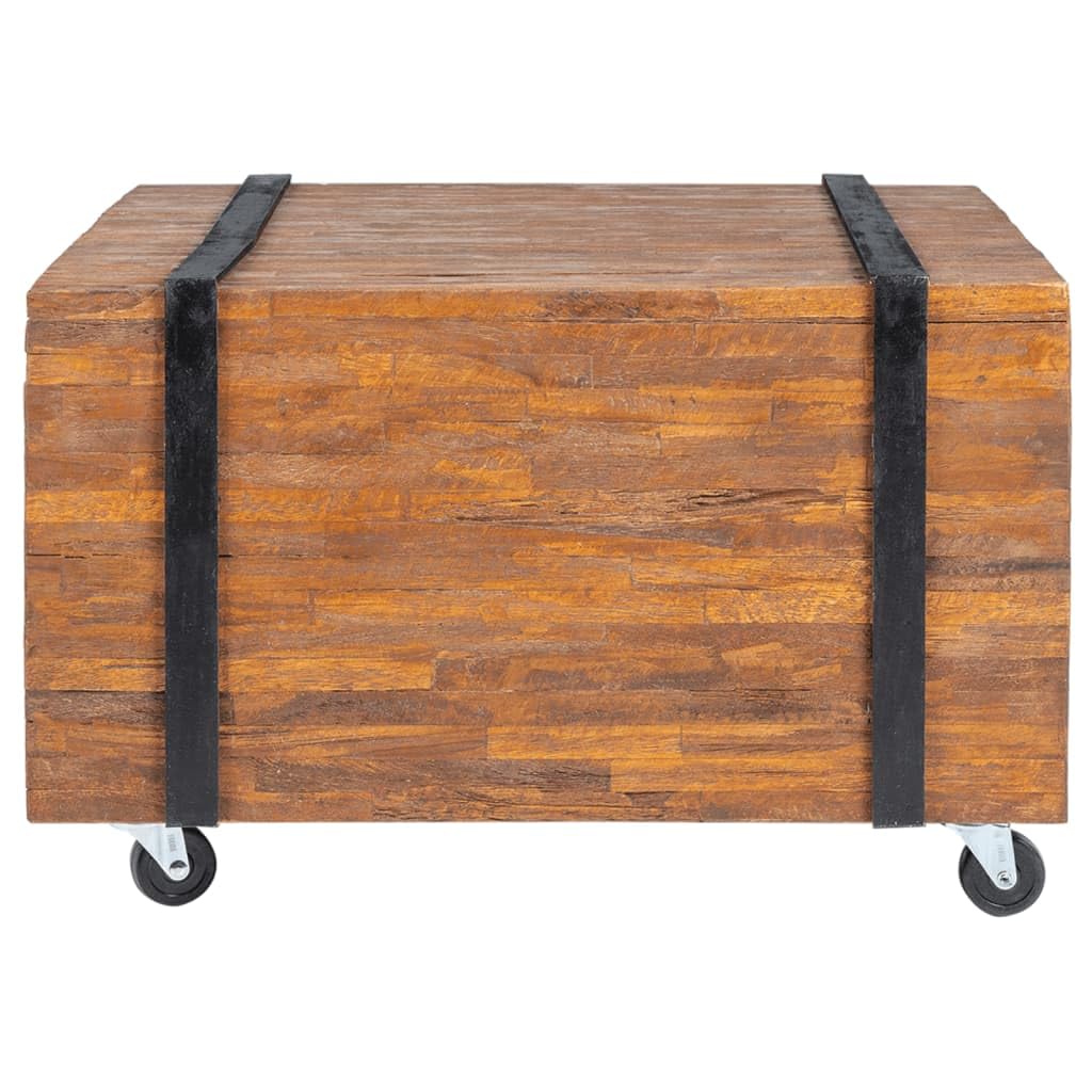 vidaXL Teak Side/End Table (23.6"x23.6"x15") - Industrial Style Console with Black Wooden 'Belts' and Mobile Wheels - Ideal for Placing Decorations