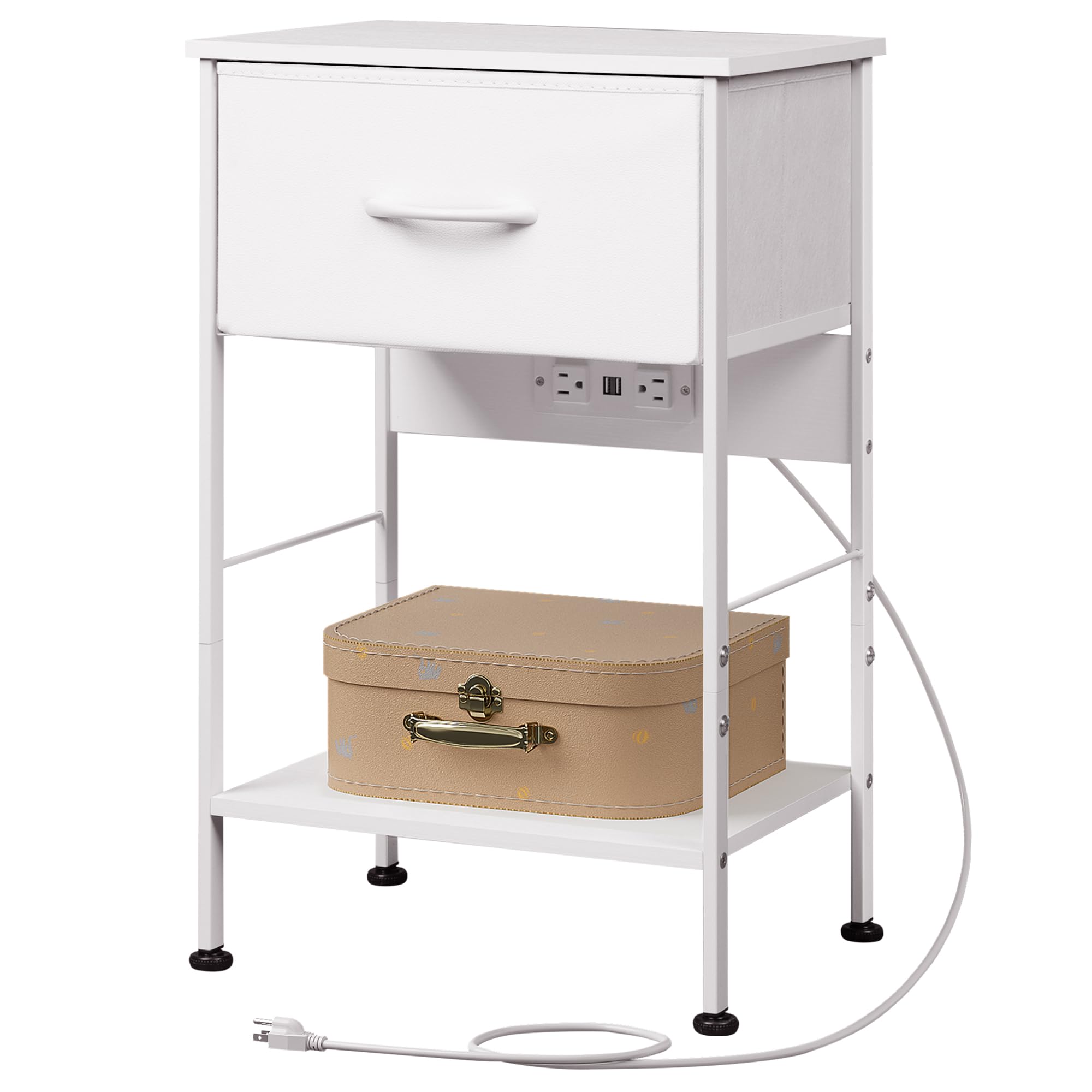 WLIVE Nightstand with Charging Station, 25 H Nightstand with 1 Fabric Drawer and Open Wood Shelf, Bed Side Table for Bedroom, 2-