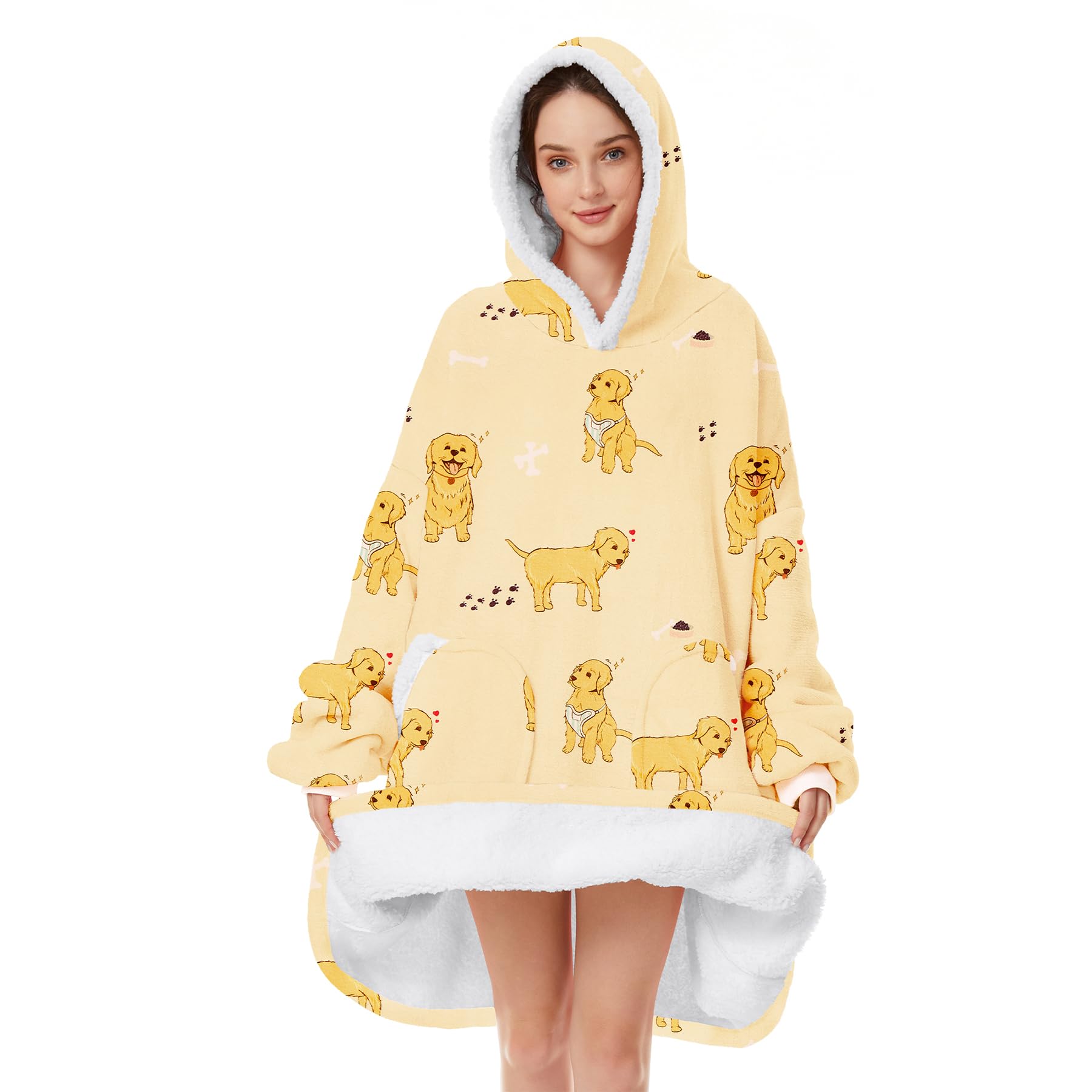 Zando Oversized Hooded Blanket With Pocket, Sherpa Lining, Thick Fleece - Warm & Cozy Wearable Blanket Hoodie For Adults (Yellow