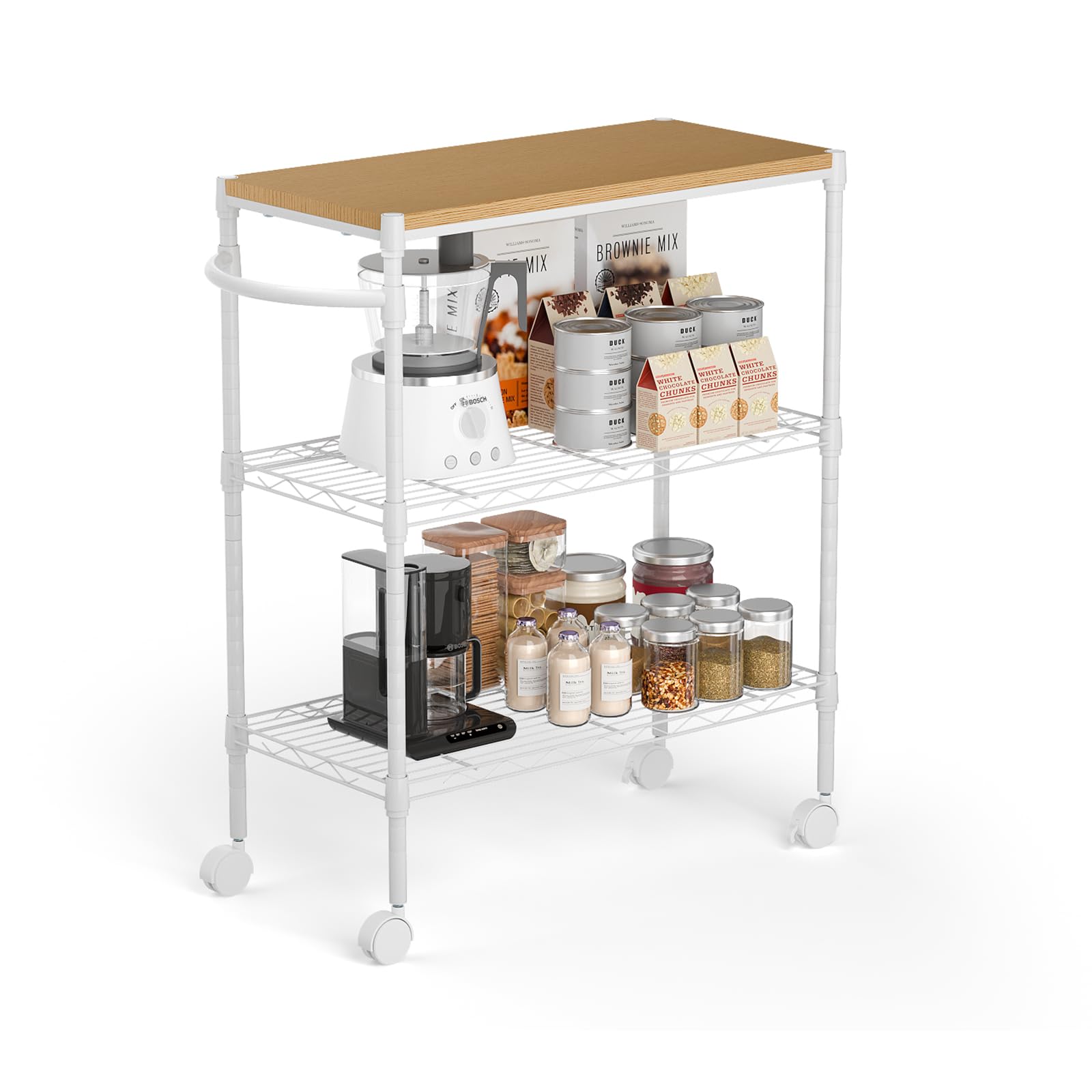 Whitmor 3 Tier Rolling Kitchen Cart,27.6x10x21.7   Heavy Duty Metal Storage Cart with Wheels, Adjustable Shelves, Lockable Utili
