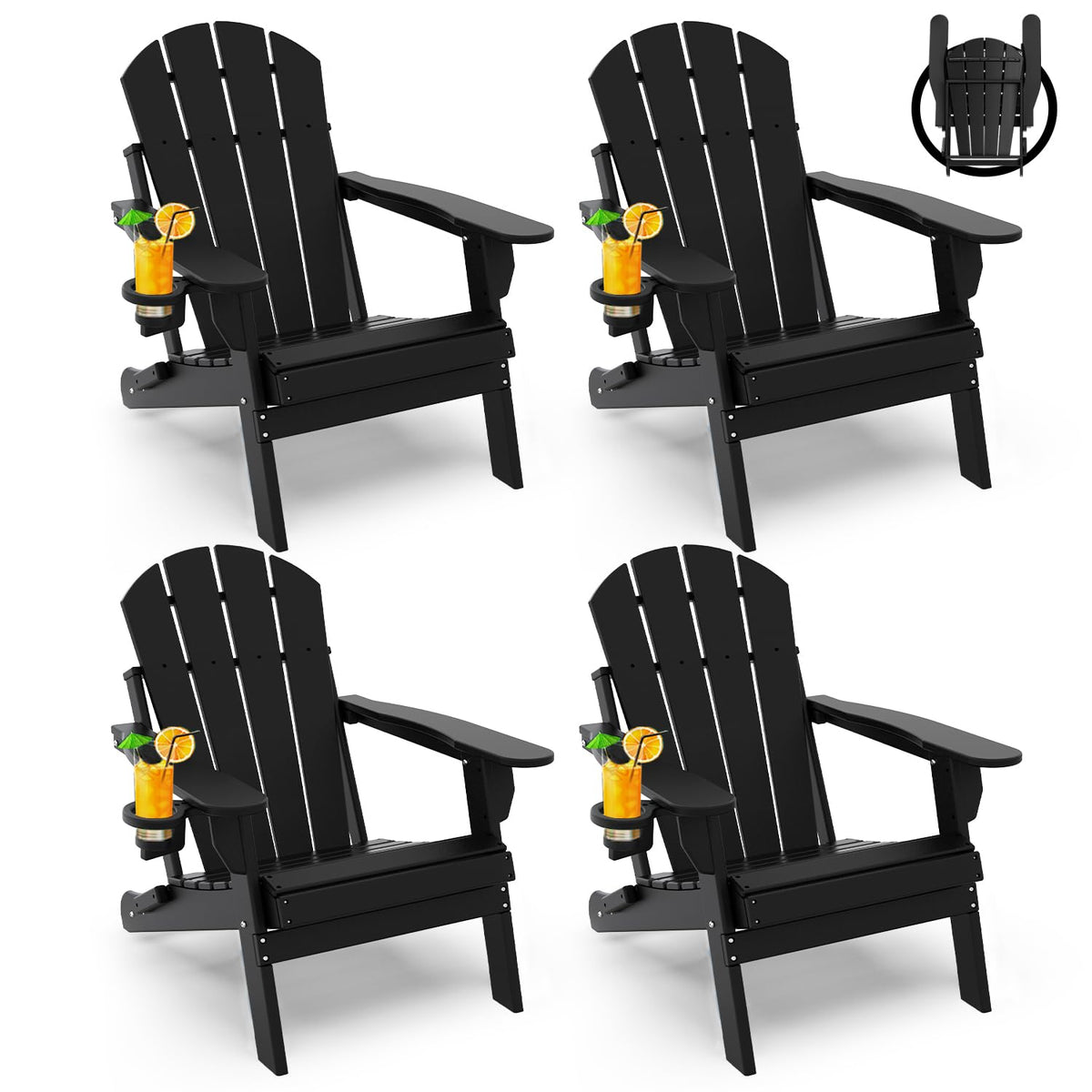 Greenvines Folding-Adirondack-Chairs-Set-Of-4 | Hdpe Plastic | Fire Pit Chair | All Weather | Cup Holder | Black | For Deck Backyard Patio Outdoor Garden