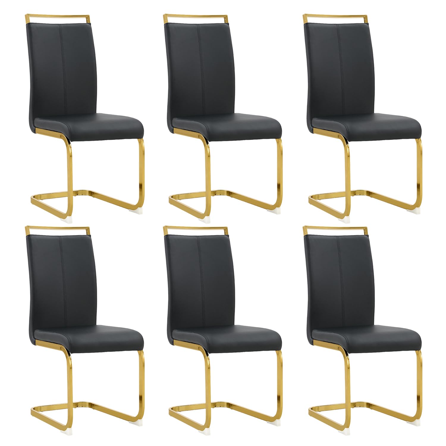 Gopop Modern Dining Chairs Set Of 6,High Back Black Kitchen Chairs,Faux Leather Side Chair With Gold Plated Metal Legs,Easy To C